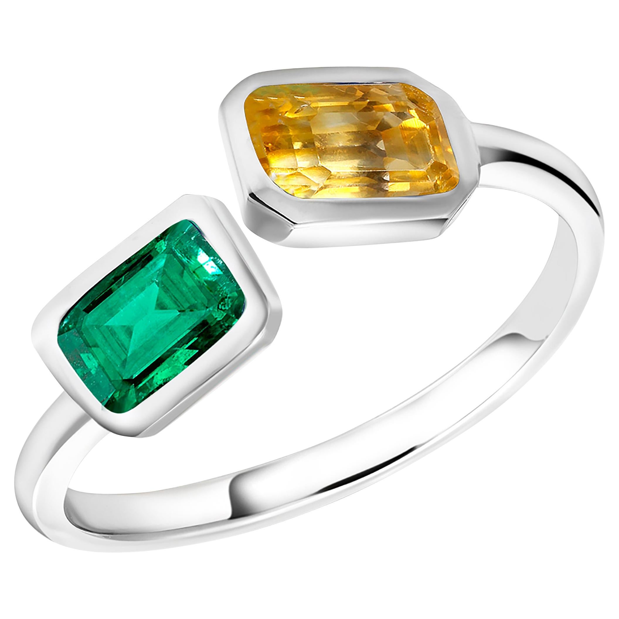 Emerald and Yellow Sapphire Bezel Set Facing Open Shank White Gold Cocktail Ring