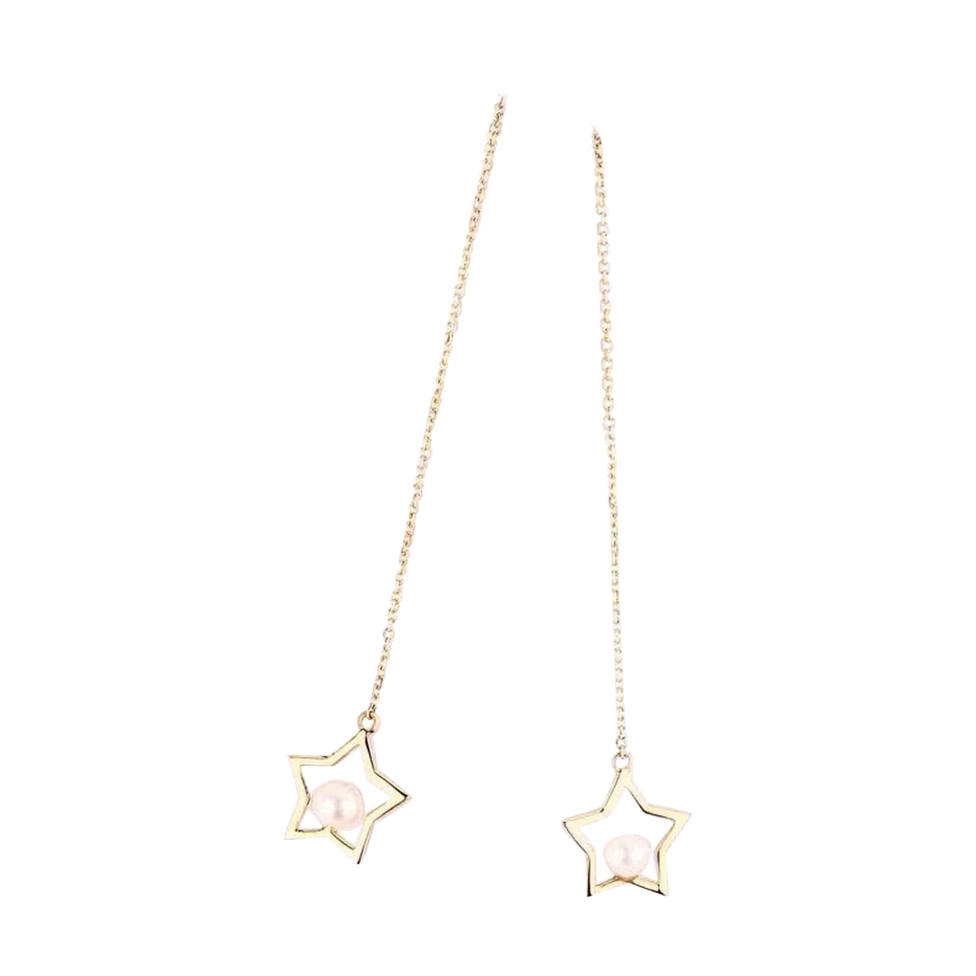 Open Star Freshwater Pearl 14K Yellow Gold Threader Earrings For Sale