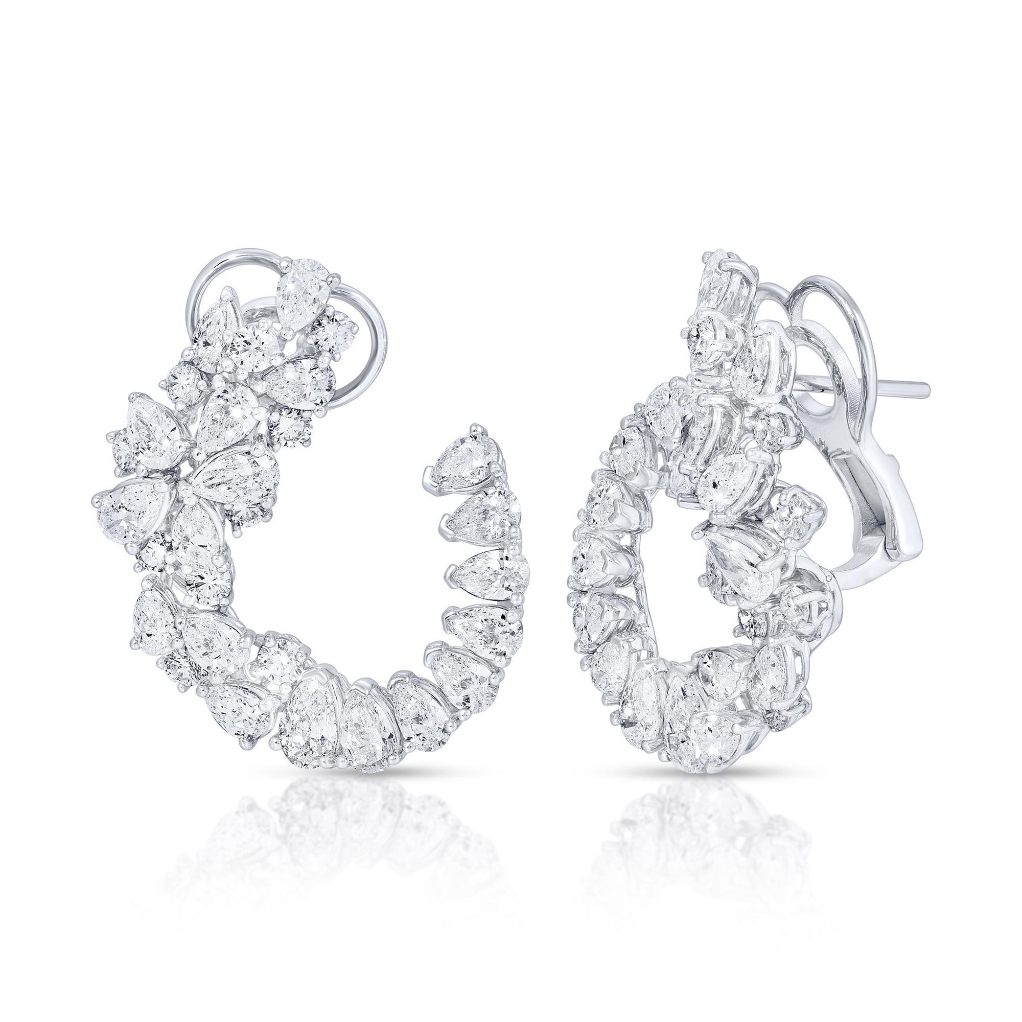 Mixed Cut Open Swirl Cluster Diamond Earrings 6.5 Carats Total 18K White Gold For Sale