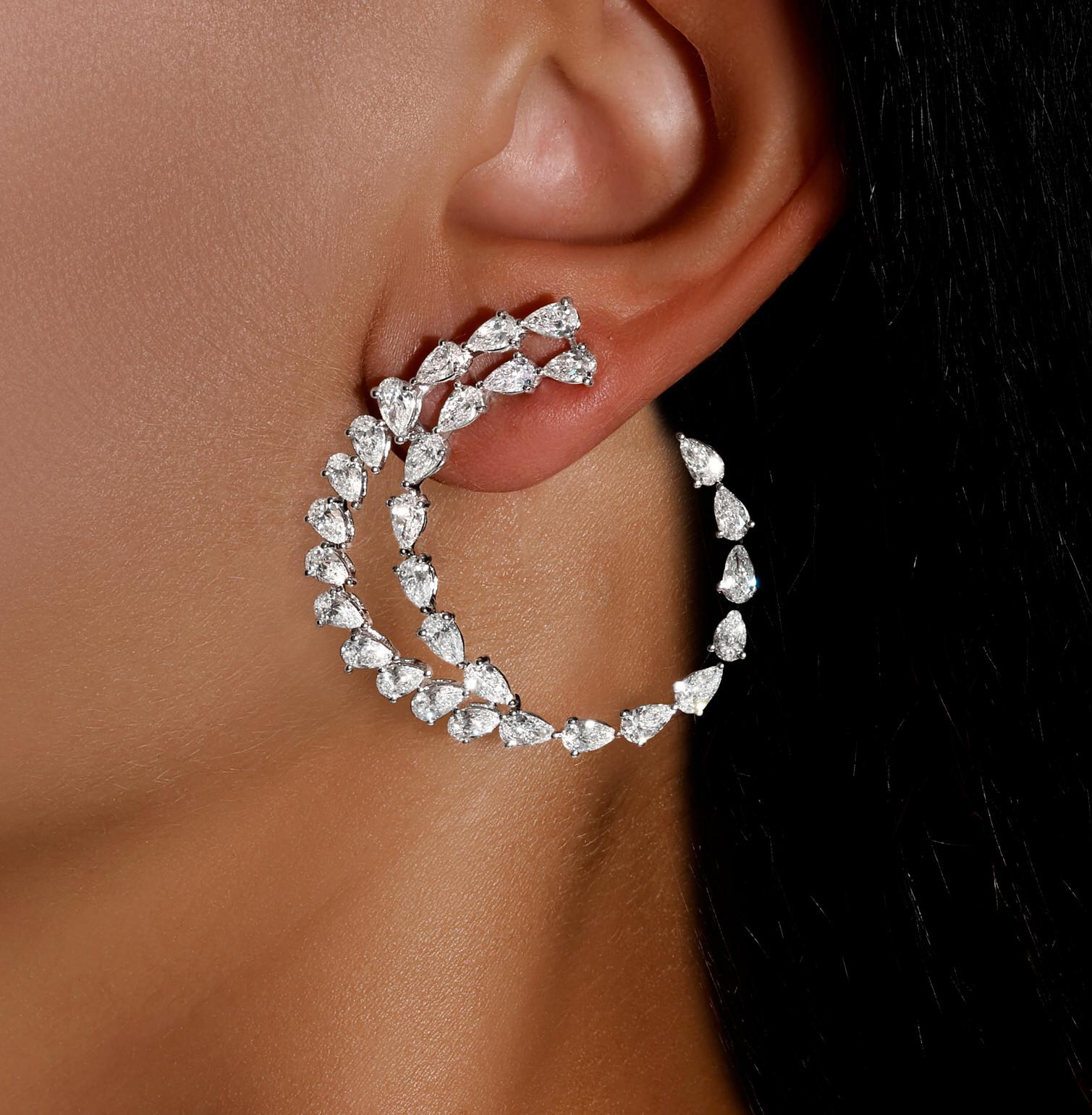 Contemporary Open Swirl Hoop Pear Cut Diamond Earrings 8 Carats Total 18K White Gold For Sale