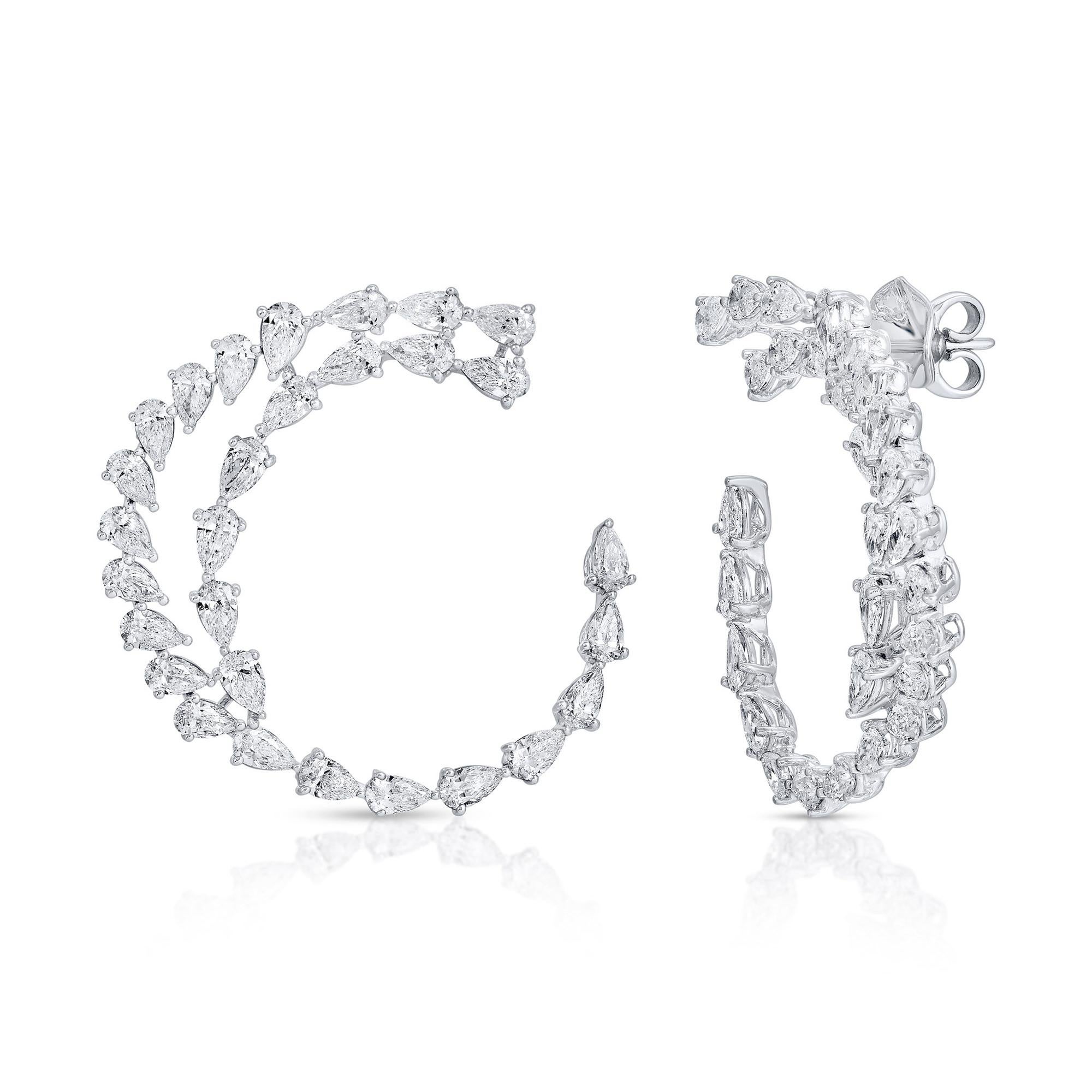 Open Swirl Hoop Pear Cut Diamond Earrings 8 Carats Total 18K White Gold In Excellent Condition For Sale In Aliso Viejo, CA