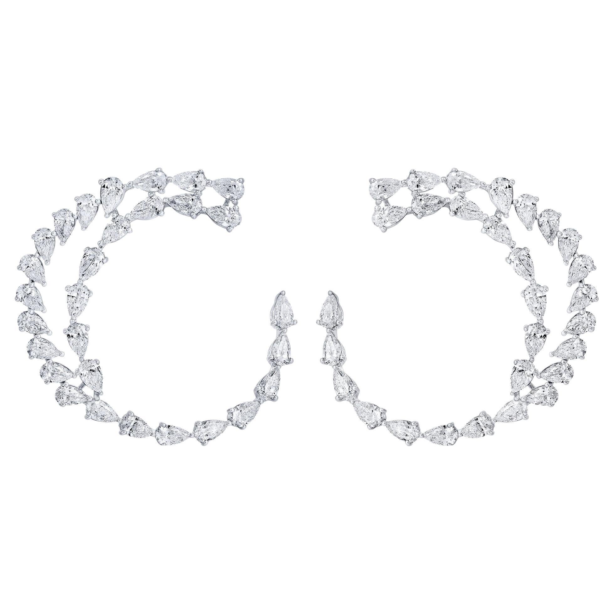 Open Swirl Hoop Pear Cut Diamond Earrings 8 Carats Total 18K White Gold