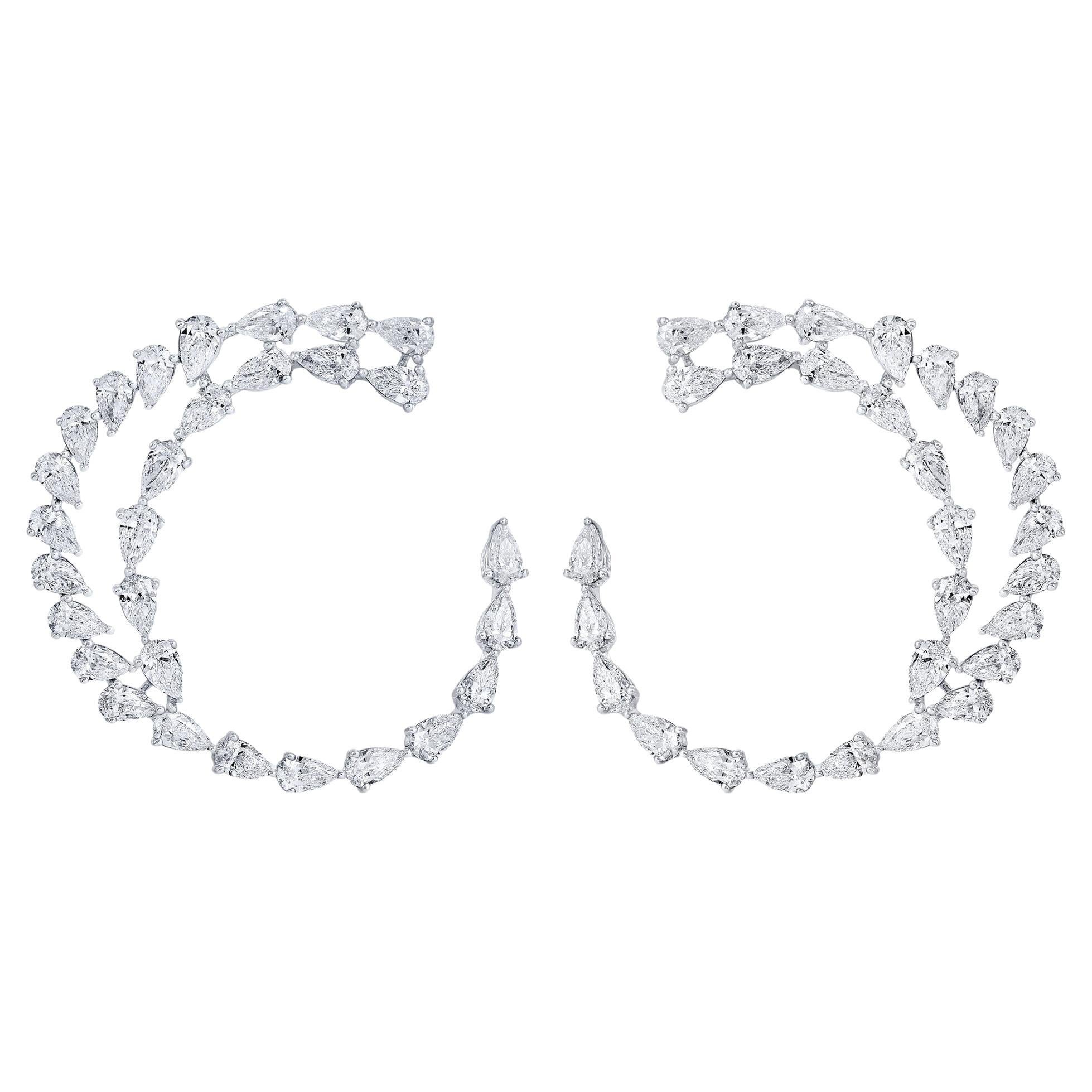 Open Swirl Hoop Pear Cut Diamond Earrings 8 Carats Total 18K White Gold