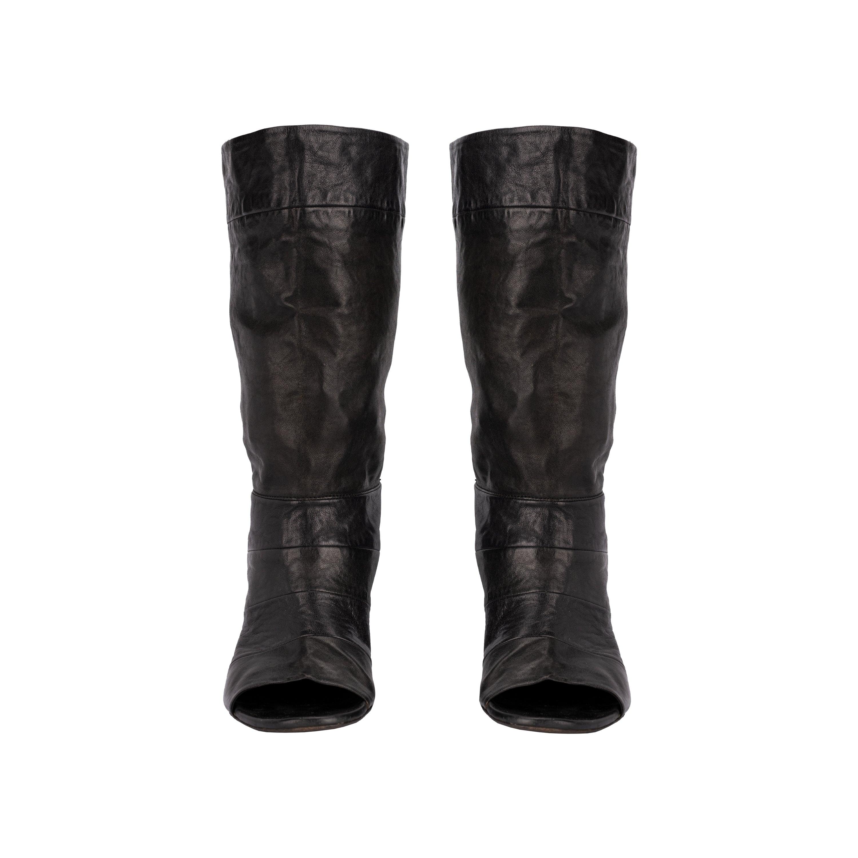 Marsèll black leather open toe boots. High:28; High sole:10;