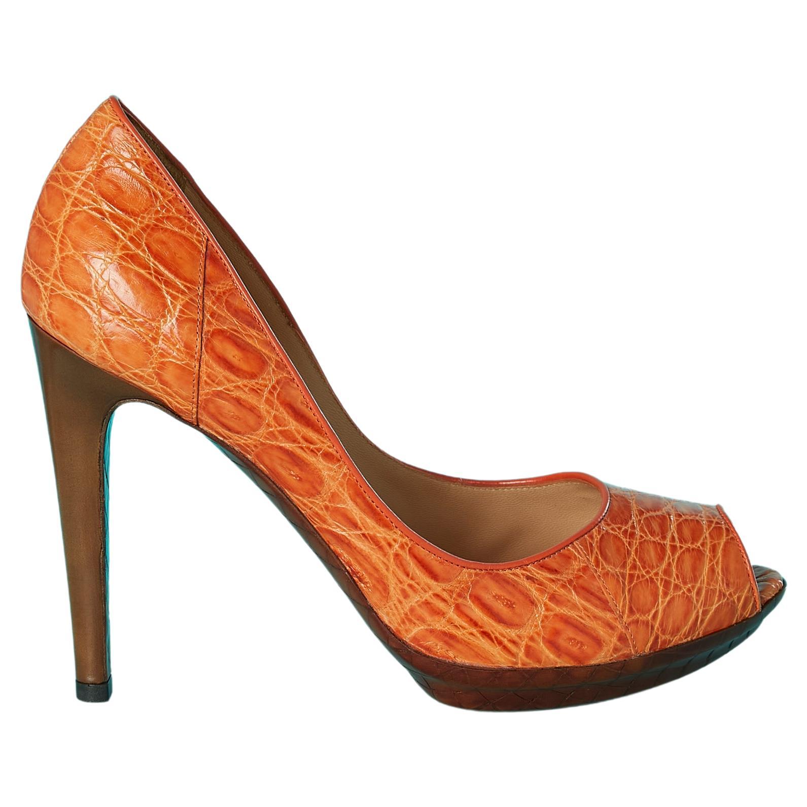 Open-toe pump in orange leather Bottega Veneta For Sale