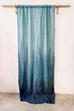 Open Weave Linen Hand Painted Curtains in Blue Ombre, a Set of 2