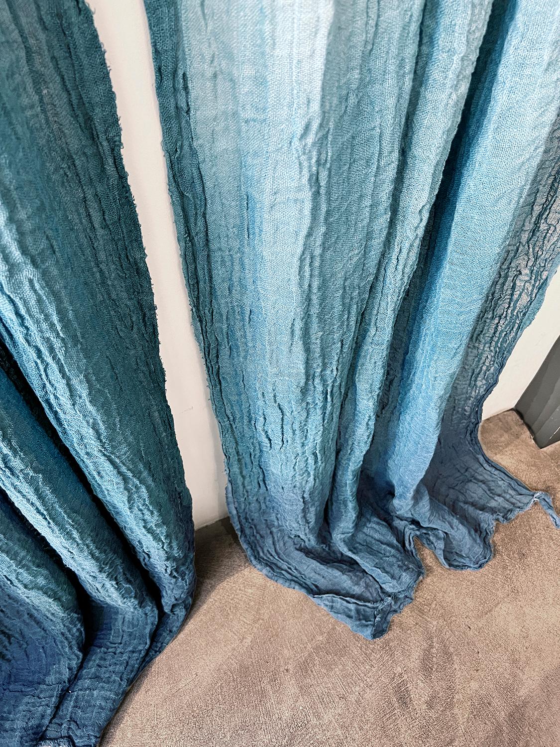 Organic Modern Open Weave Linen Hand Painted Curtains in Blue Ombre, a Set of 2