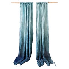 Open Weave Linen Hand Painted Curtains in Blue Ombre, a Set of 2