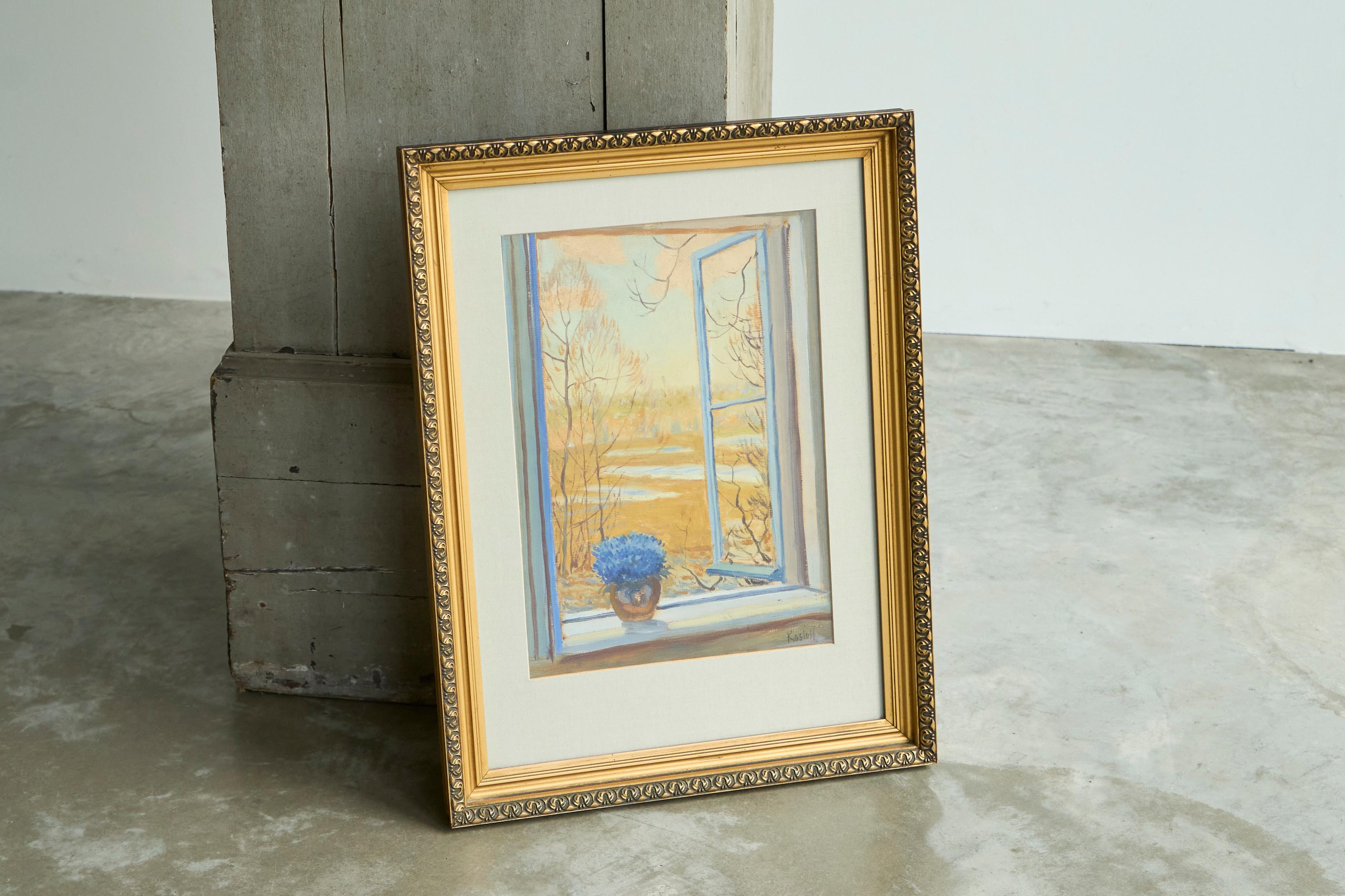 Hand-Crafted 'Open Window with Flowers' Painting Belgium Early 20th Century For Sale