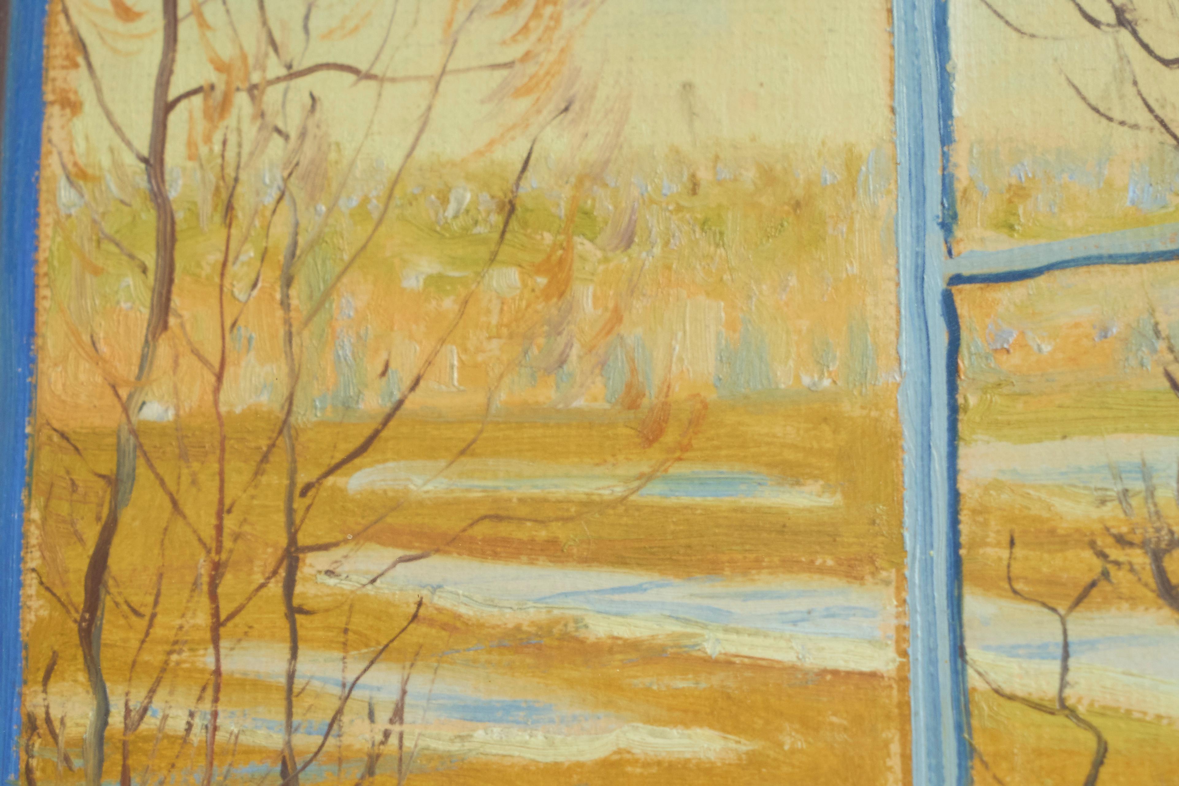 Wood 'Open Window with Flowers' Painting Belgium Early 20th Century For Sale