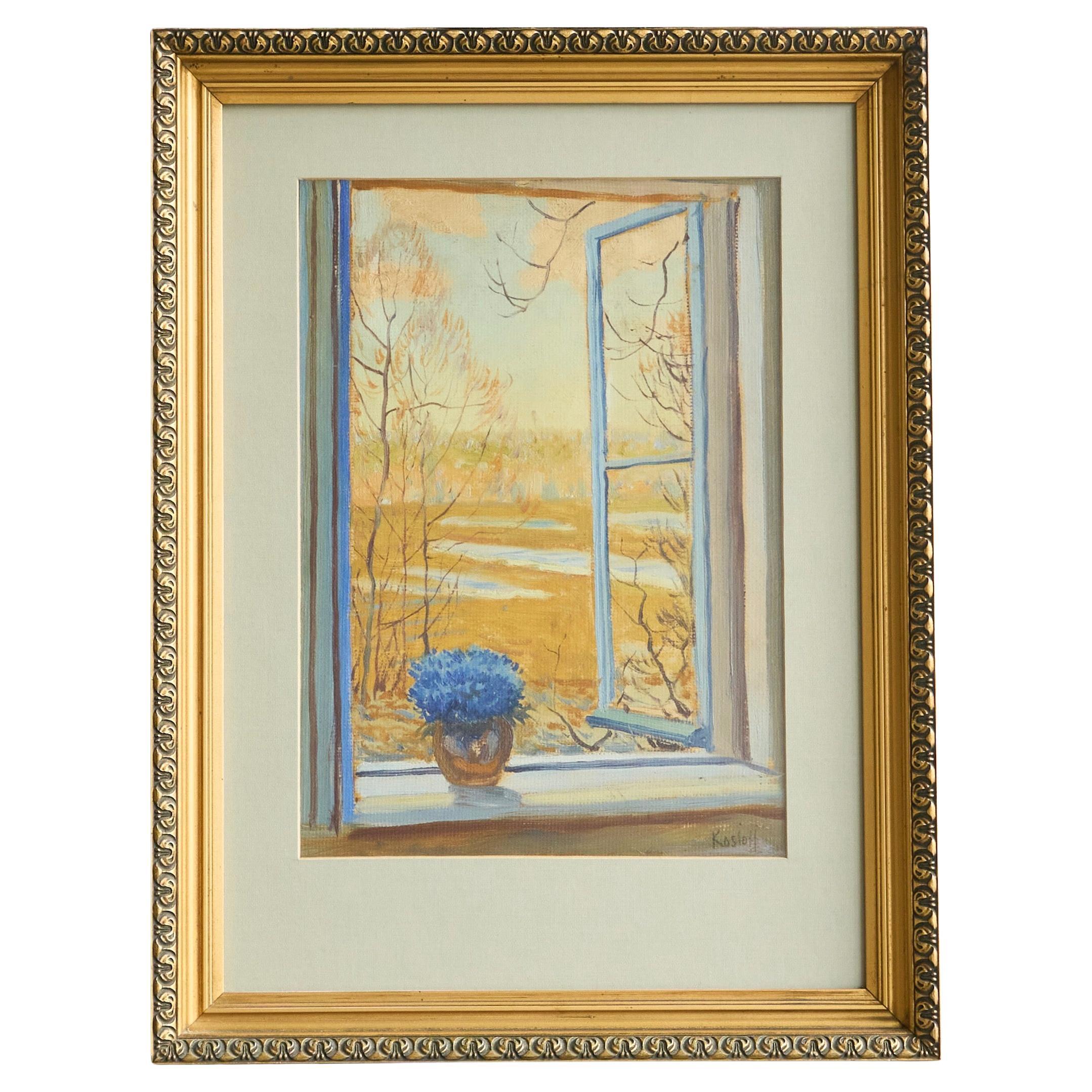 'Open Window with Flowers' Painting Belgium Early 20th Century For Sale