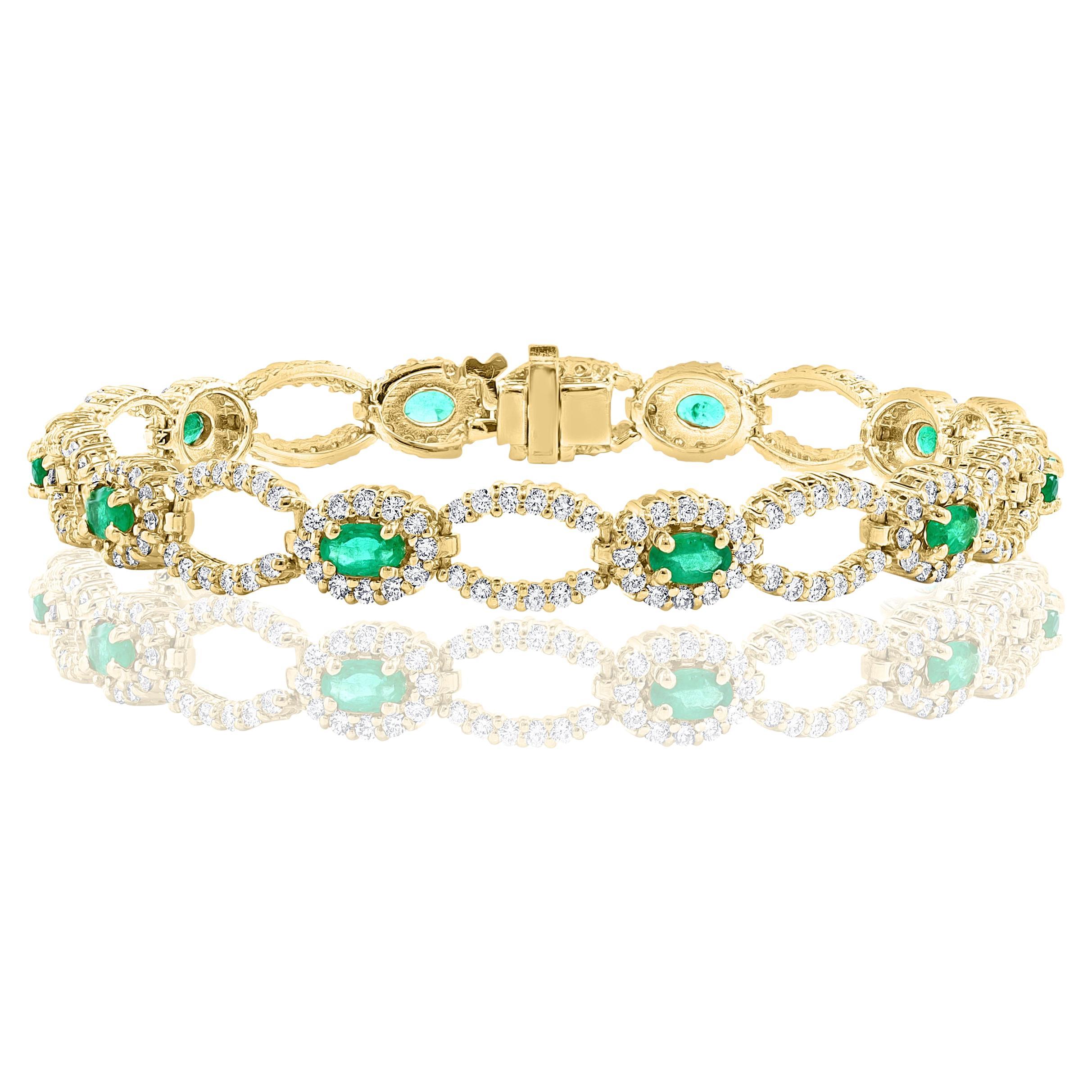 Open-Work 2.13 Carat Emerald and Diamond Bracelet in 14K Yellow Gold For Sale