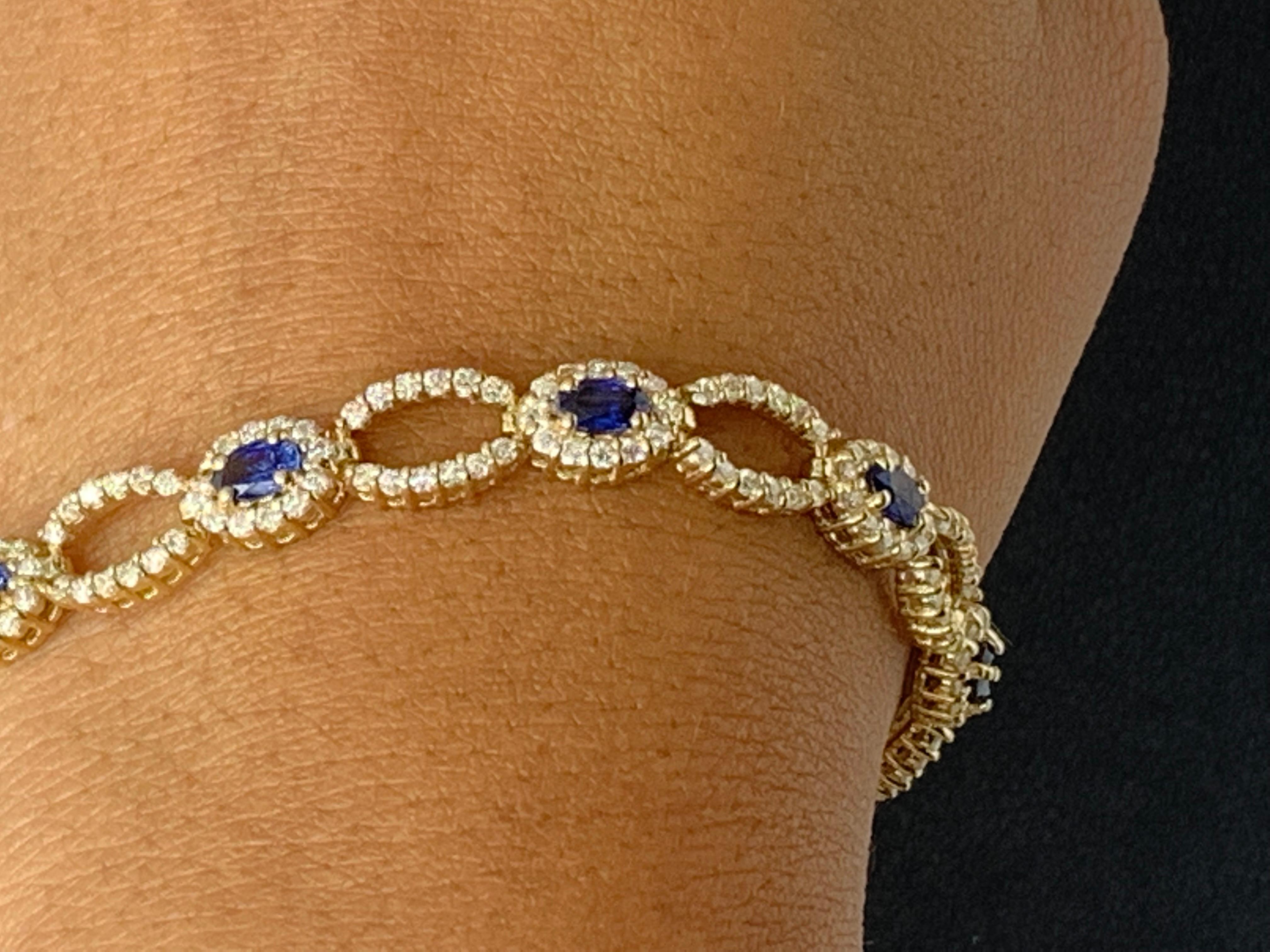 Open-Work 3.60 Carat Blue Sapphire and Diamond Bracelet in 14K Yellow Gold For Sale 2