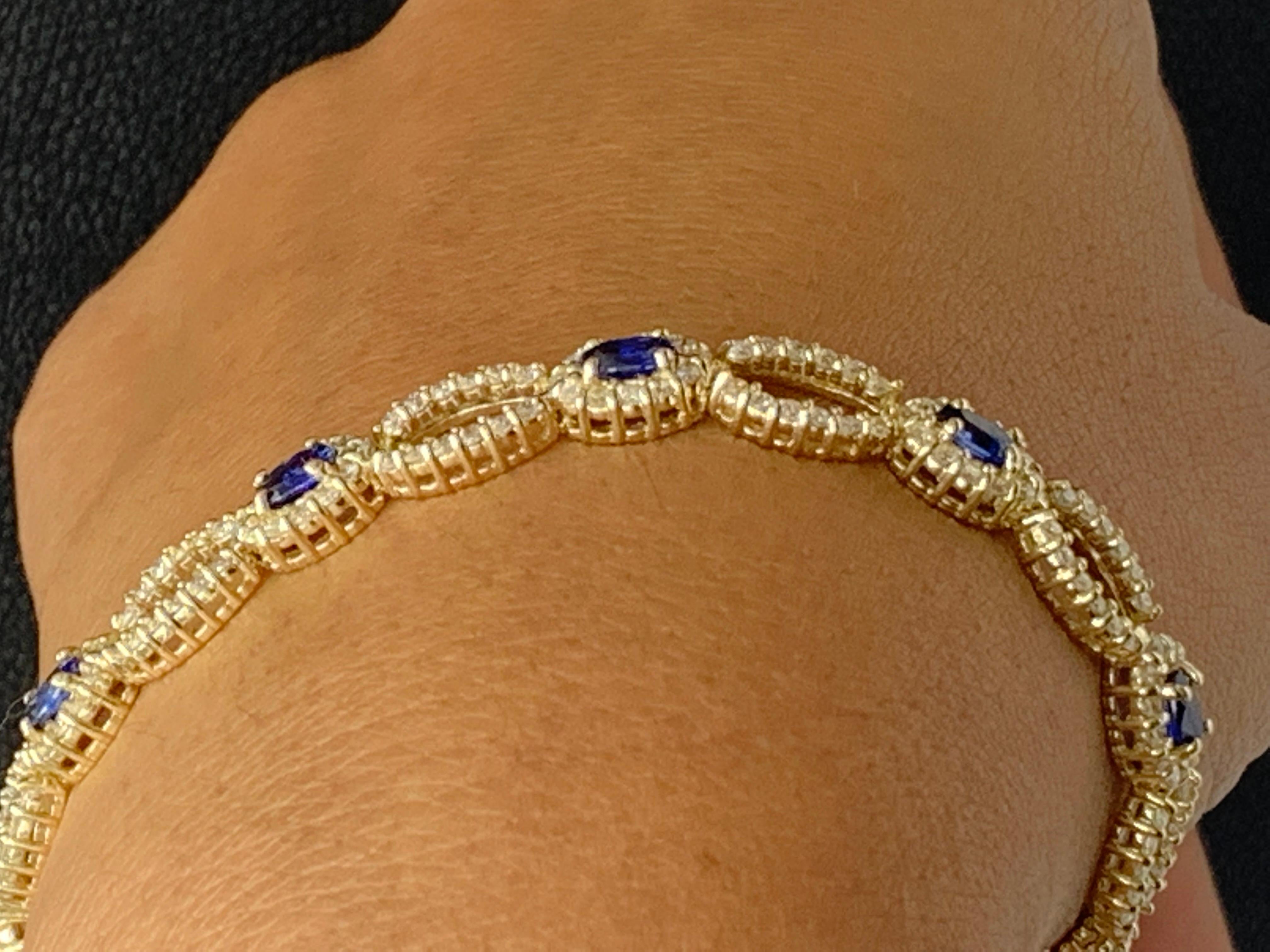 Open-Work 3.60 Carat Blue Sapphire and Diamond Bracelet in 14K Yellow Gold For Sale 3