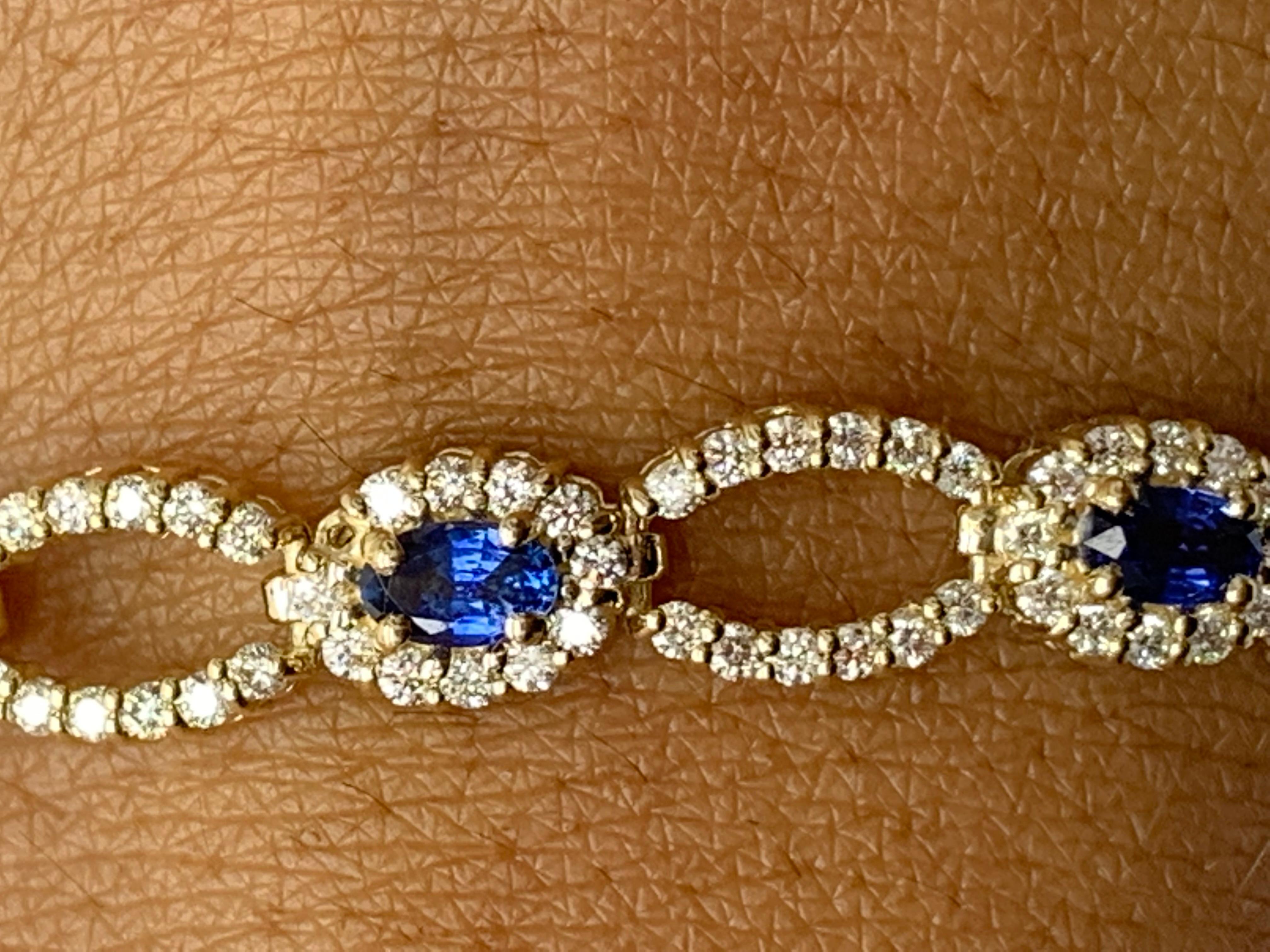 Open-Work 3.60 Carat Blue Sapphire and Diamond Bracelet in 14K Yellow Gold For Sale 4