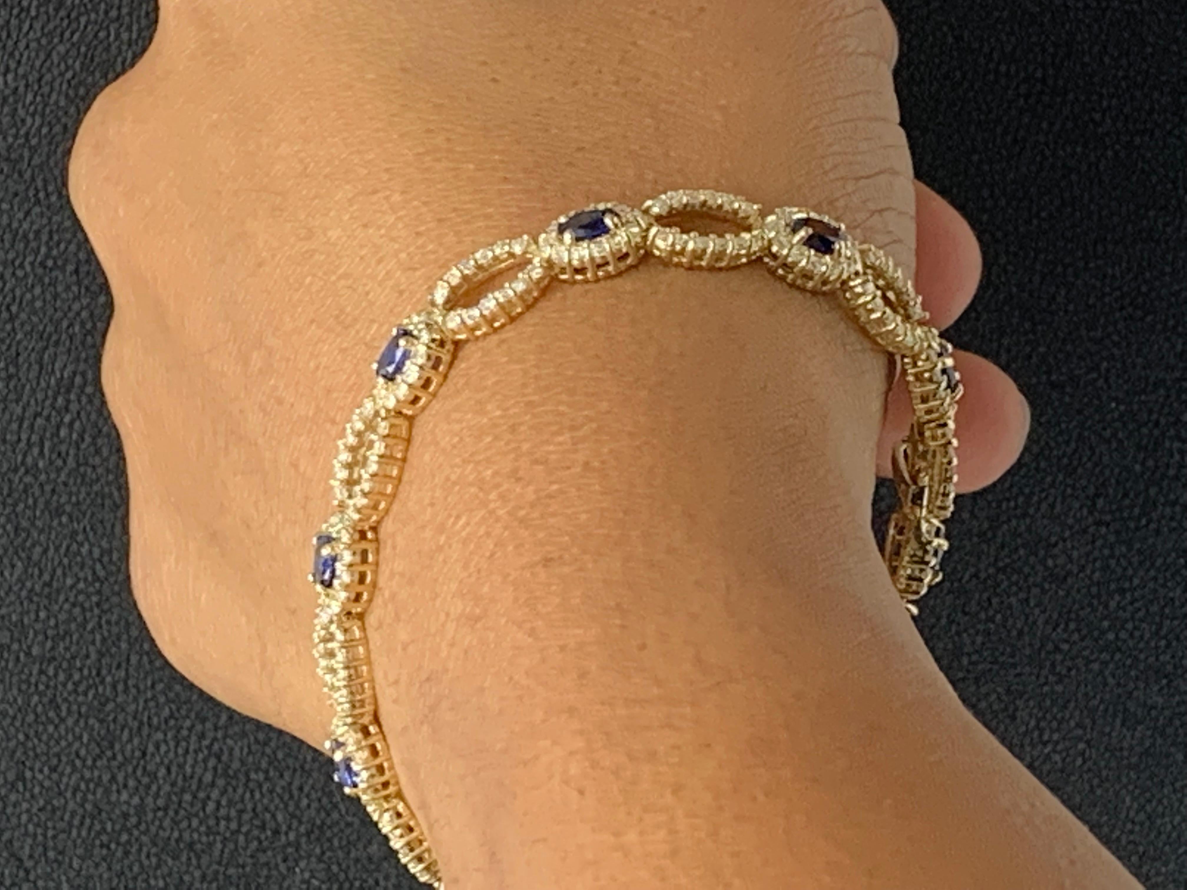 Open-Work 3.60 Carat Blue Sapphire and Diamond Bracelet in 14K Yellow Gold For Sale 5