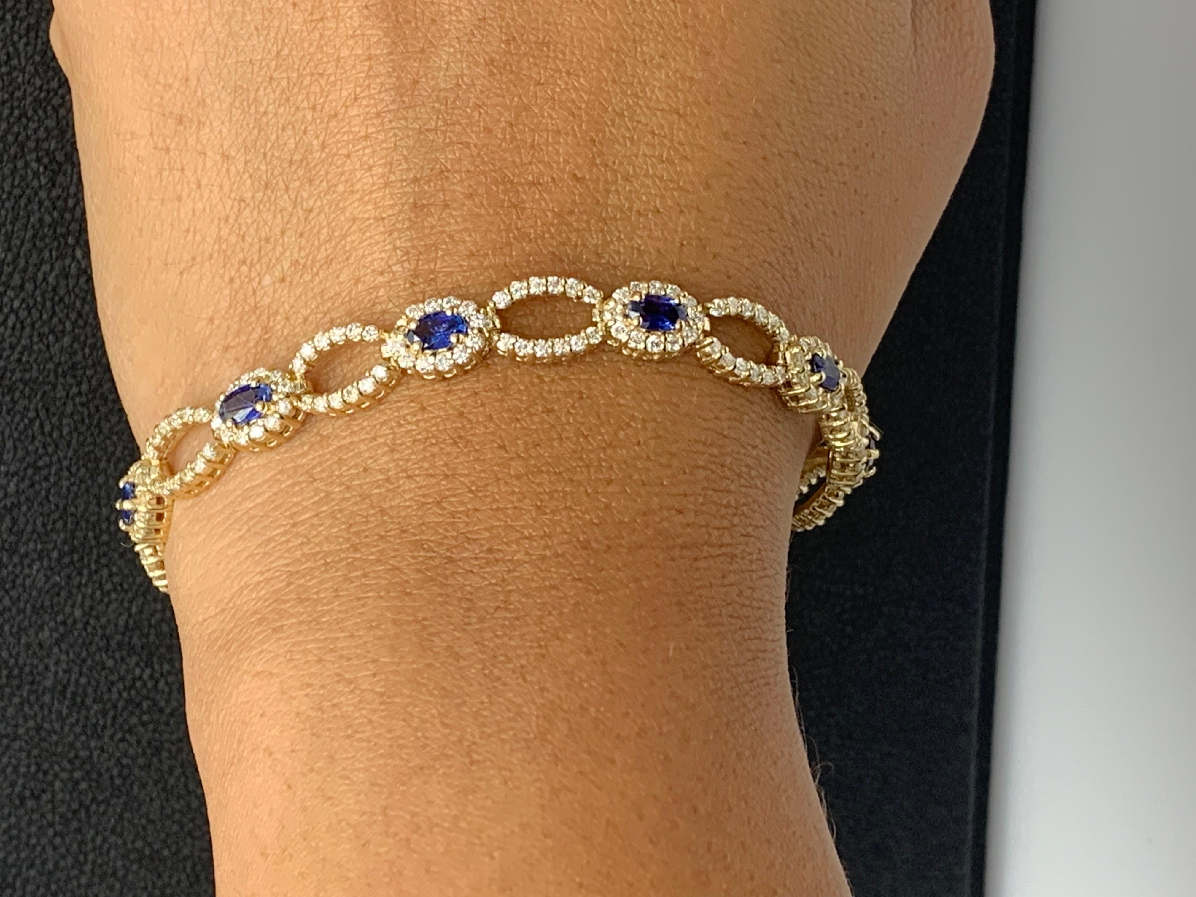Open-Work 3.60 Carat Blue Sapphire and Diamond Bracelet in 14K Yellow Gold For Sale 6