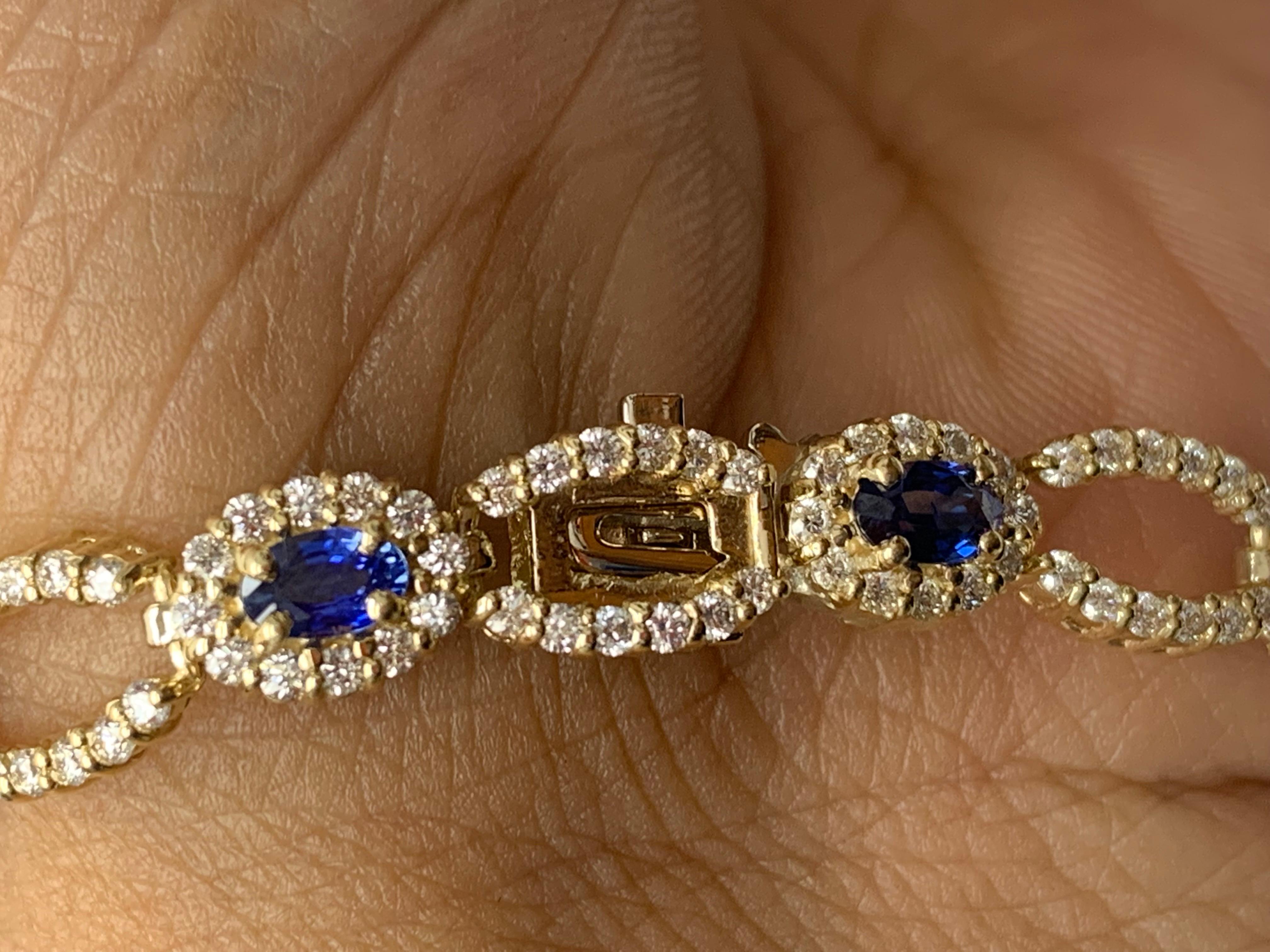 Open-Work 3.60 Carat Blue Sapphire and Diamond Bracelet in 14K Yellow Gold For Sale 7