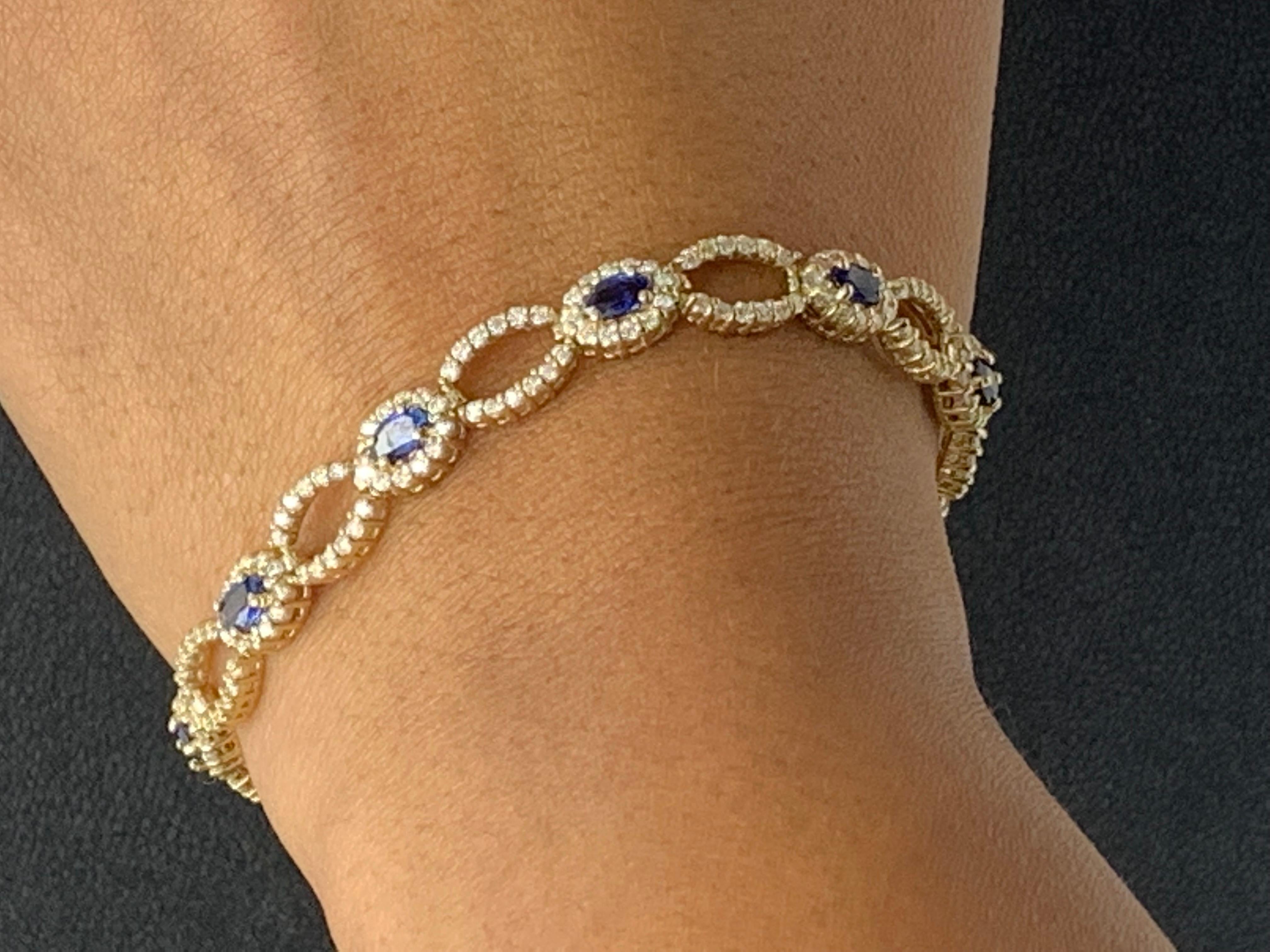 Open-Work 3.60 Carat Blue Sapphire and Diamond Bracelet in 14K Yellow Gold For Sale 8