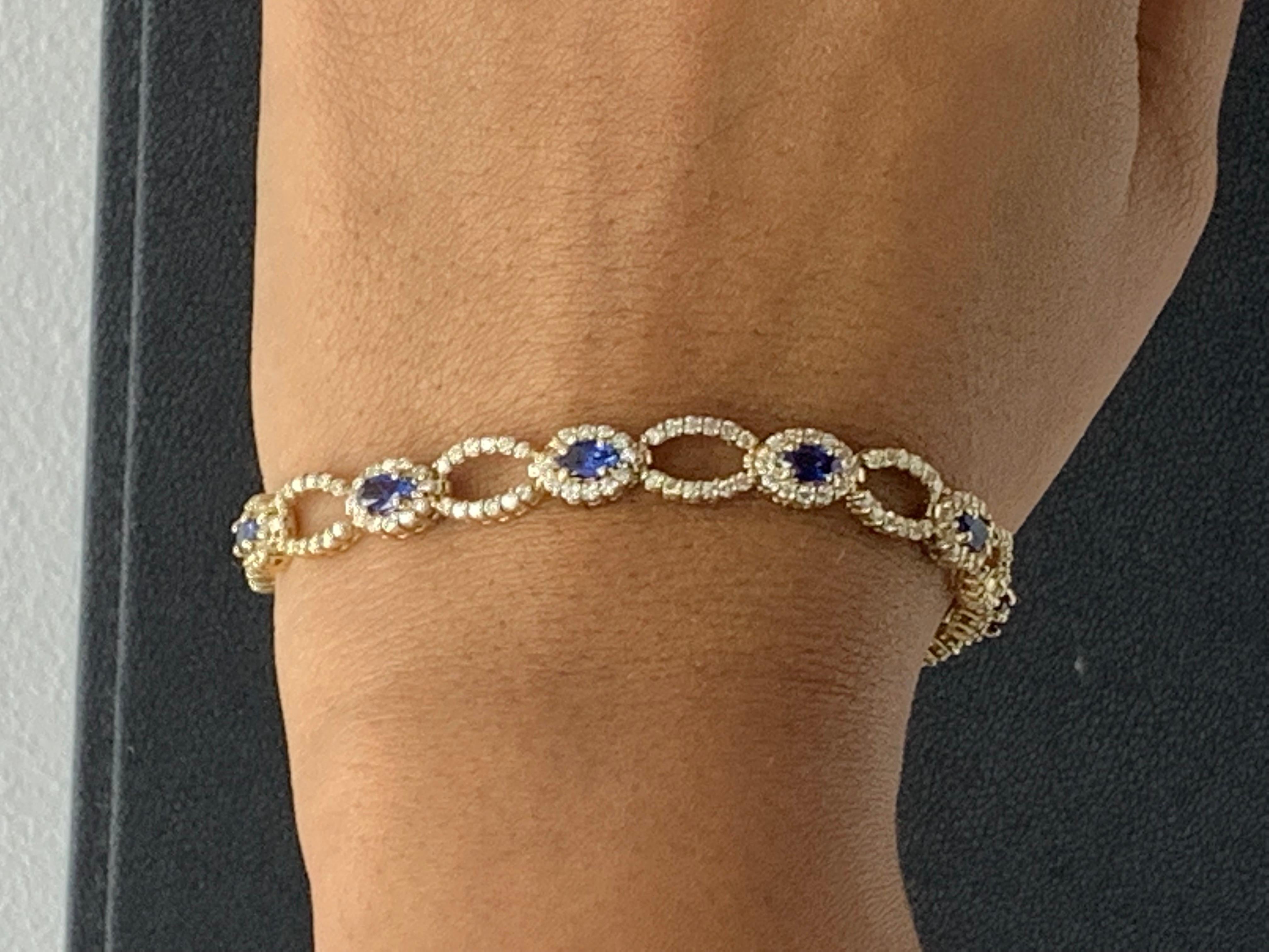 Open-Work 3.60 Carat Blue Sapphire and Diamond Bracelet in 14K Yellow Gold For Sale 9