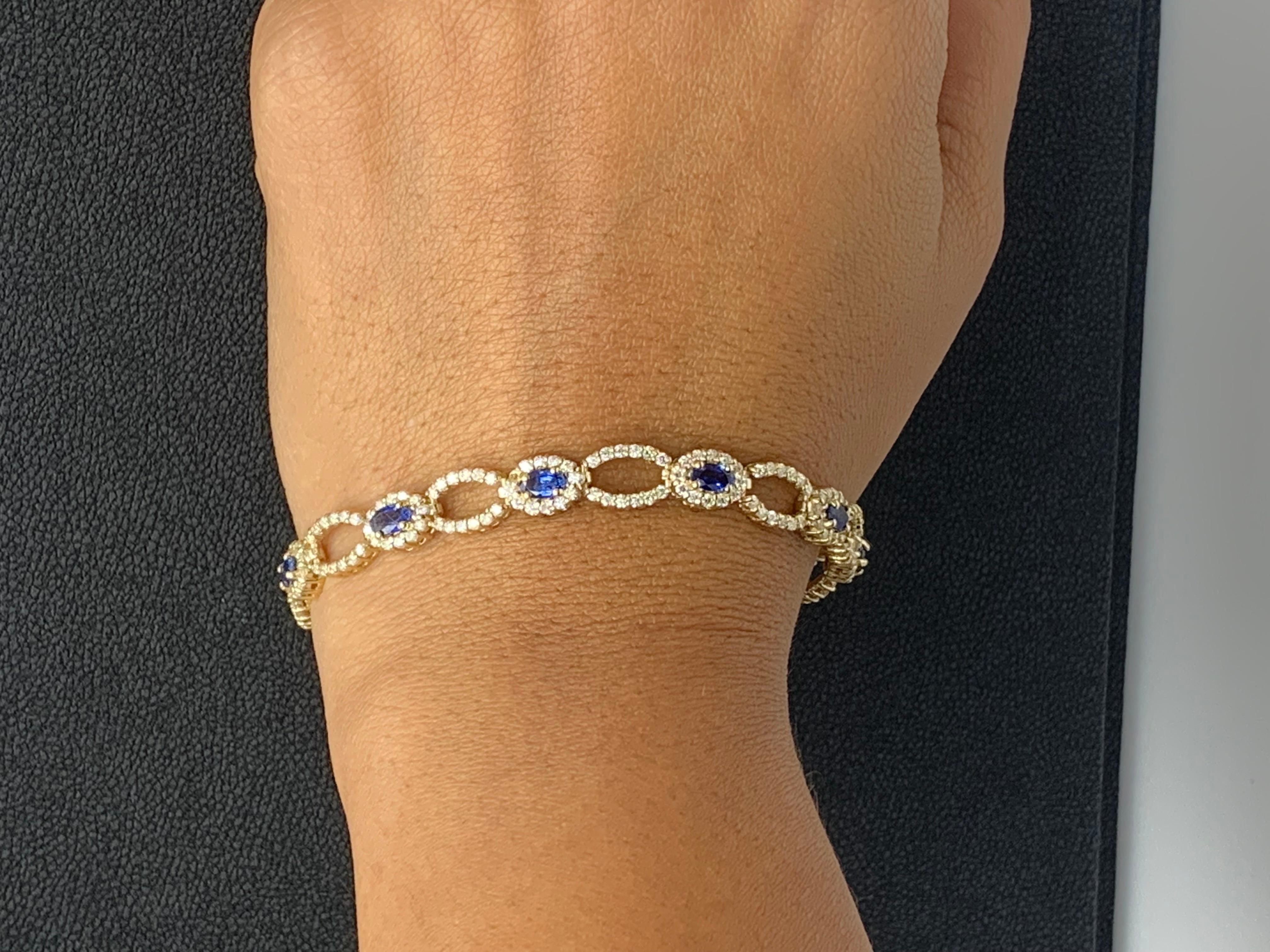 Open-Work 3.60 Carat Blue Sapphire and Diamond Bracelet in 14K Yellow Gold For Sale 10