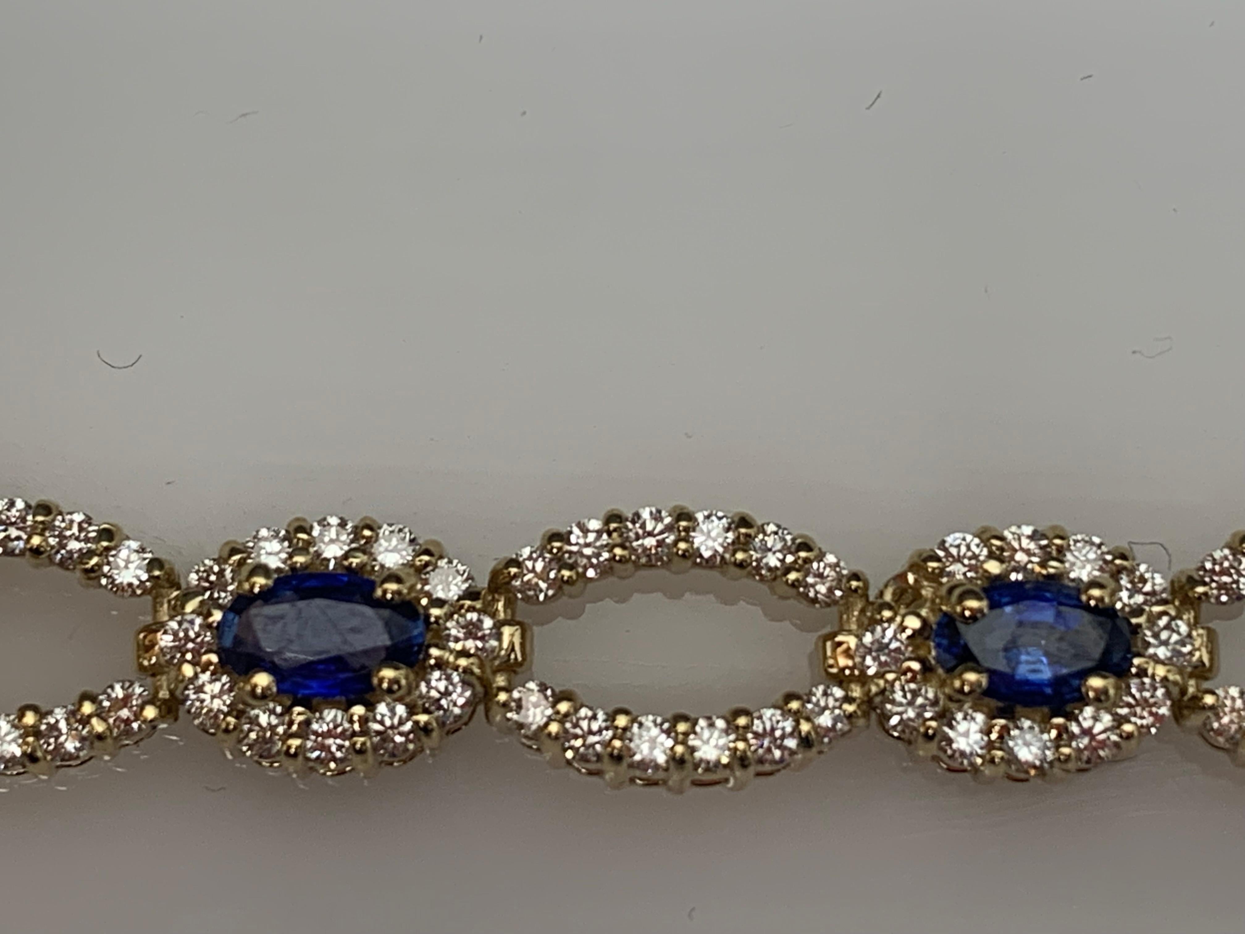 Brilliant Cut Open-Work 3.60 Carat Blue Sapphire and Diamond Bracelet in 14K Yellow Gold For Sale