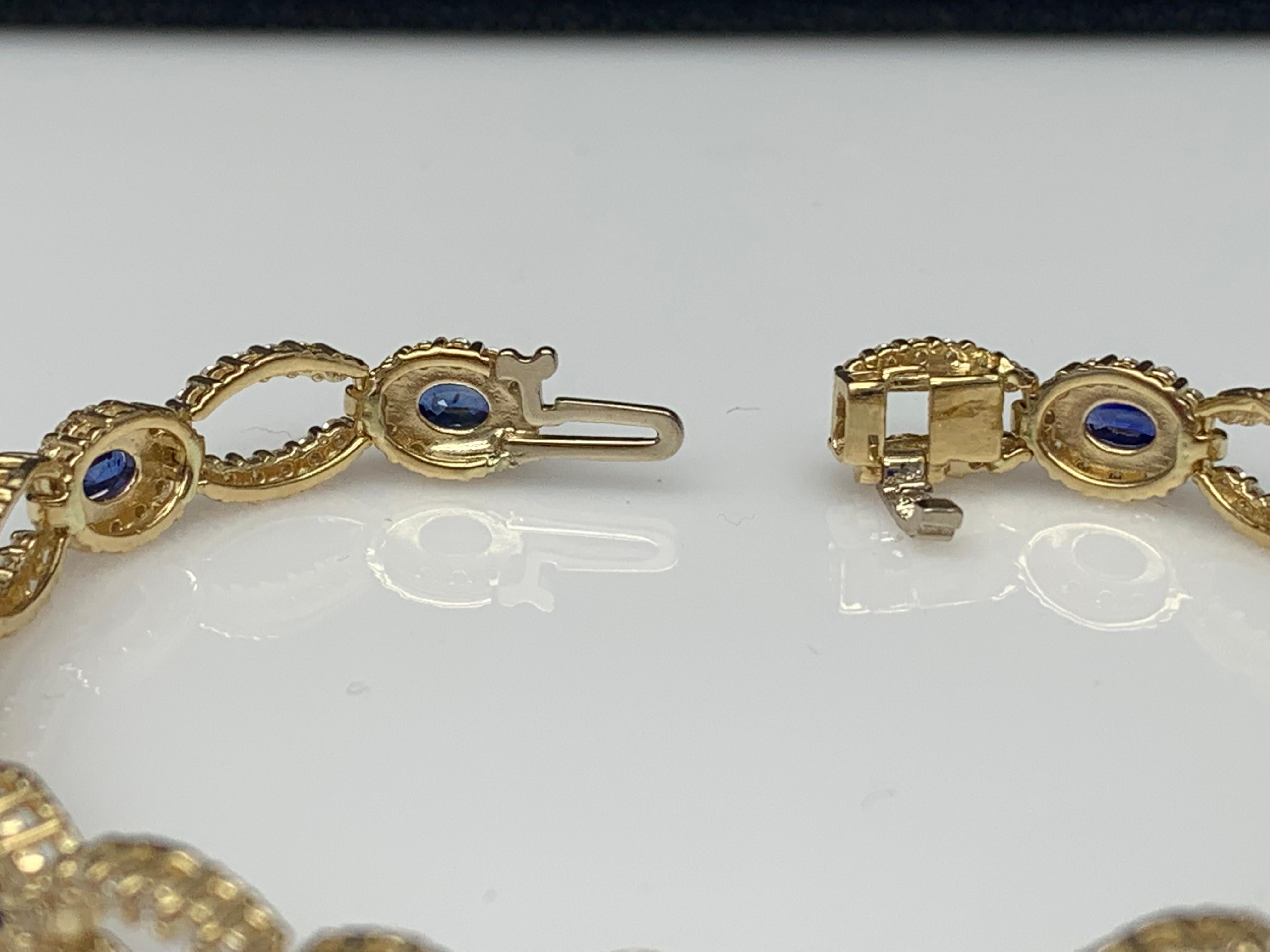Women's Open-Work 3.60 Carat Blue Sapphire and Diamond Bracelet in 14K Yellow Gold For Sale