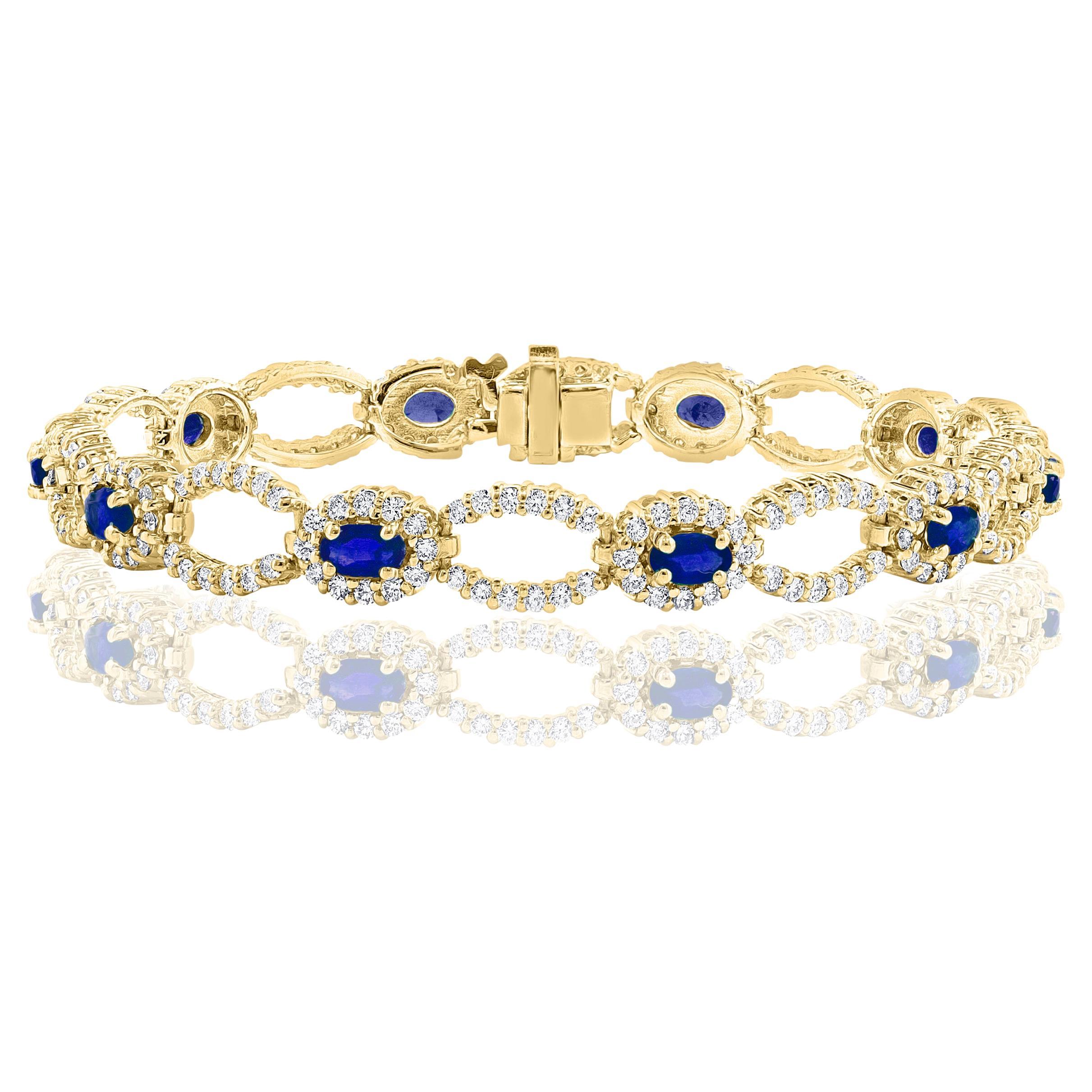 Open-Work 3.60 Carat Blue Sapphire and Diamond Bracelet in 14K Yellow Gold For Sale