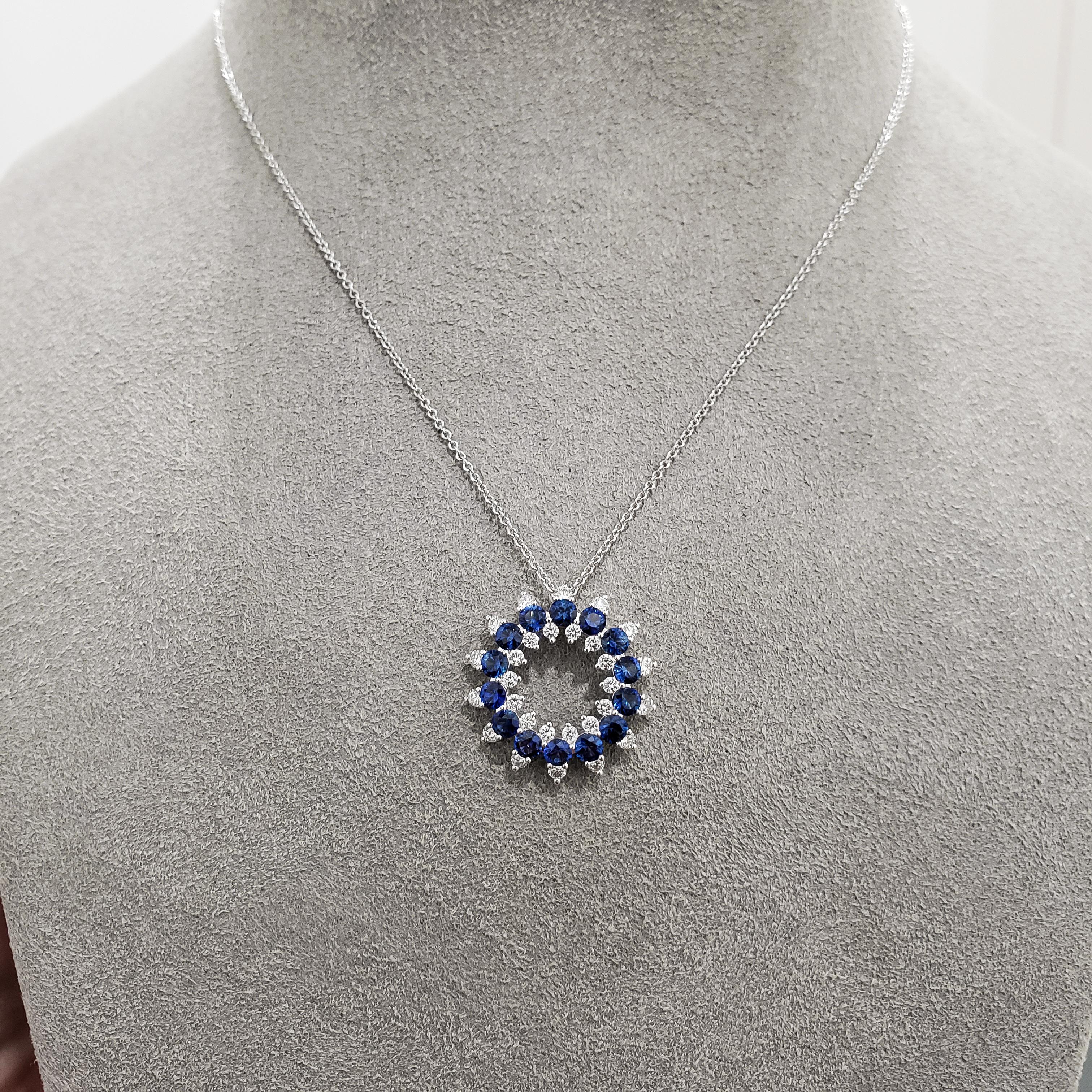 Round Cut Roman Malakov Open-Work Blue Sapphire and Diamond Circle Pendant Necklace