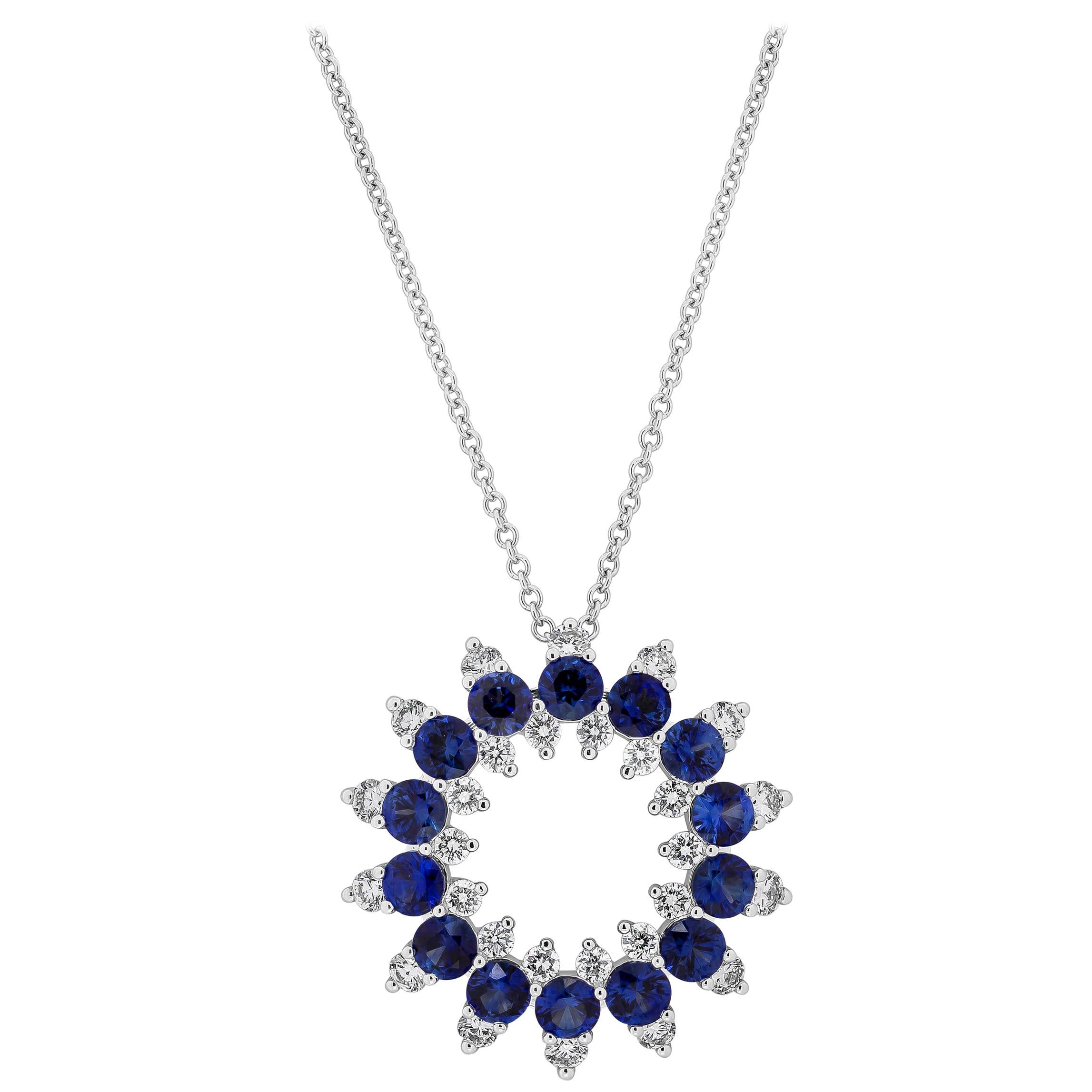 Roman Malakov Open-Work Blue Sapphire and Diamond Circle Pendant Necklace