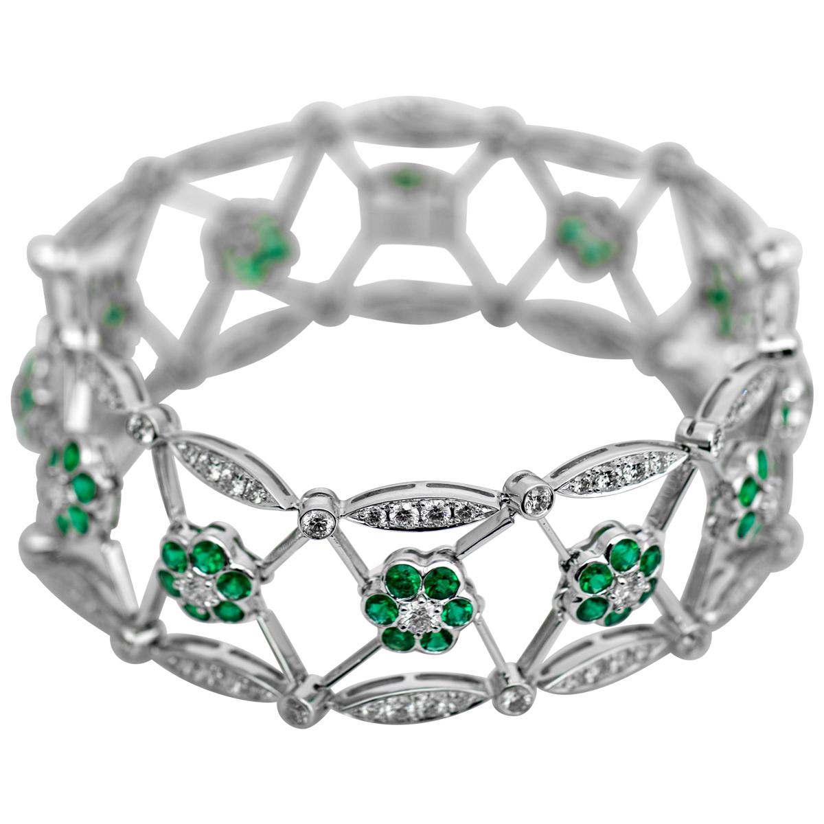 Open Work Diamond and Emerald Bracelet