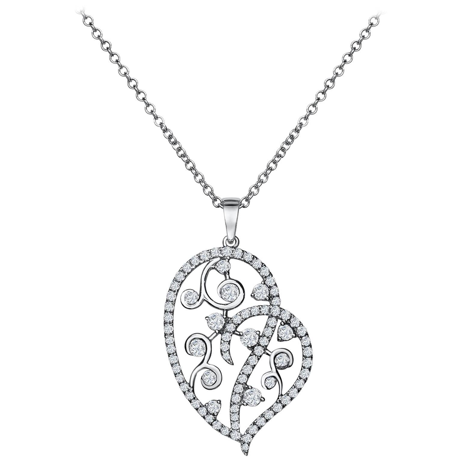 0.69 Carats Total Brilliant Round Diamond Open-Work Fancy Heart Pendant Necklace