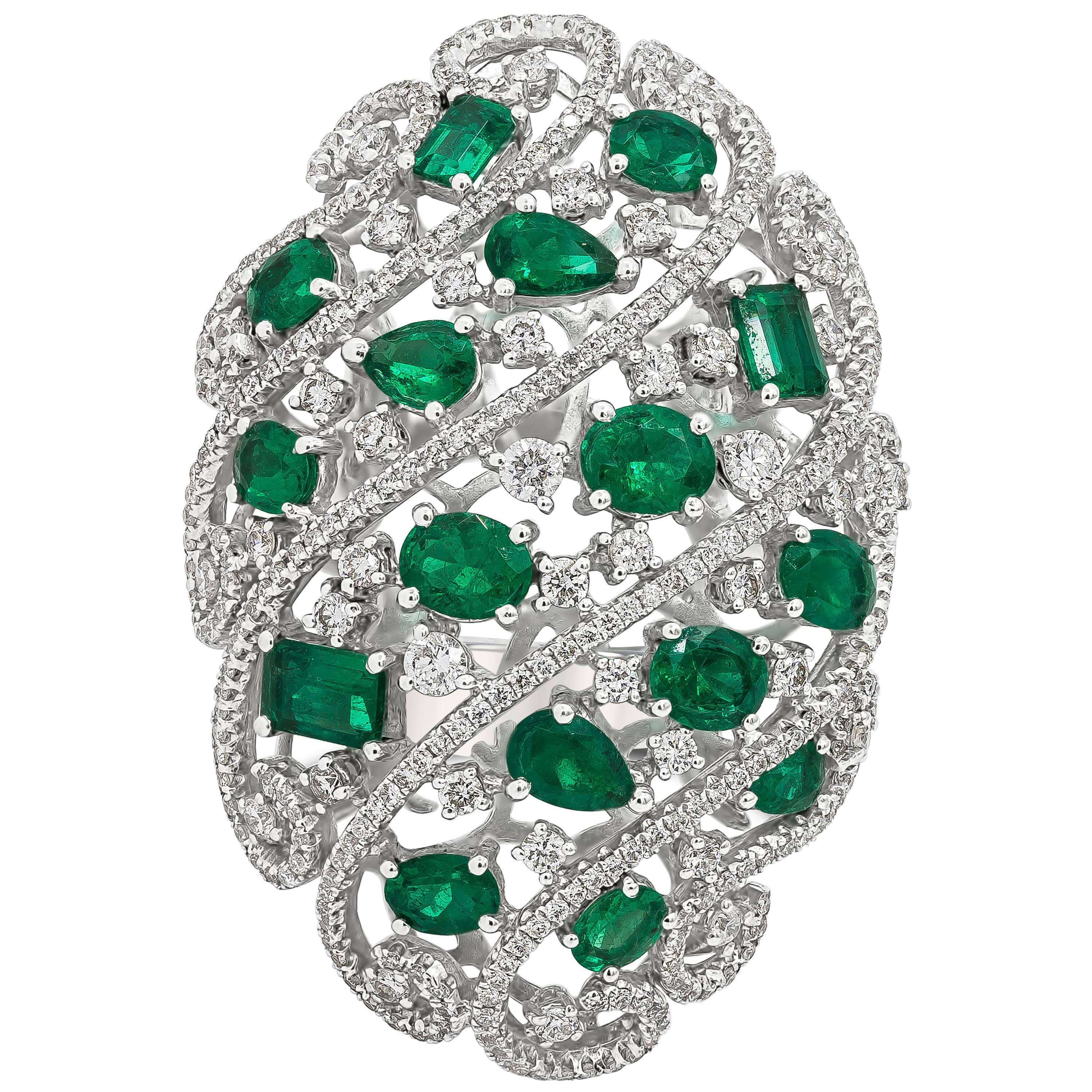 6.16 Carats Total Oval Cut Emerald & Round Diamond Open-Work Dome Fashion Ring For Sale