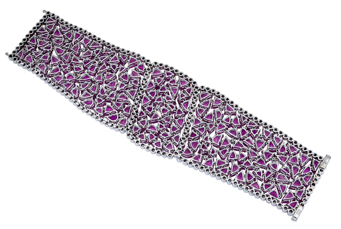 Modern Open-Work Mixed Cut Pink Sapphire and Diamond Wide Bracelet For Sale