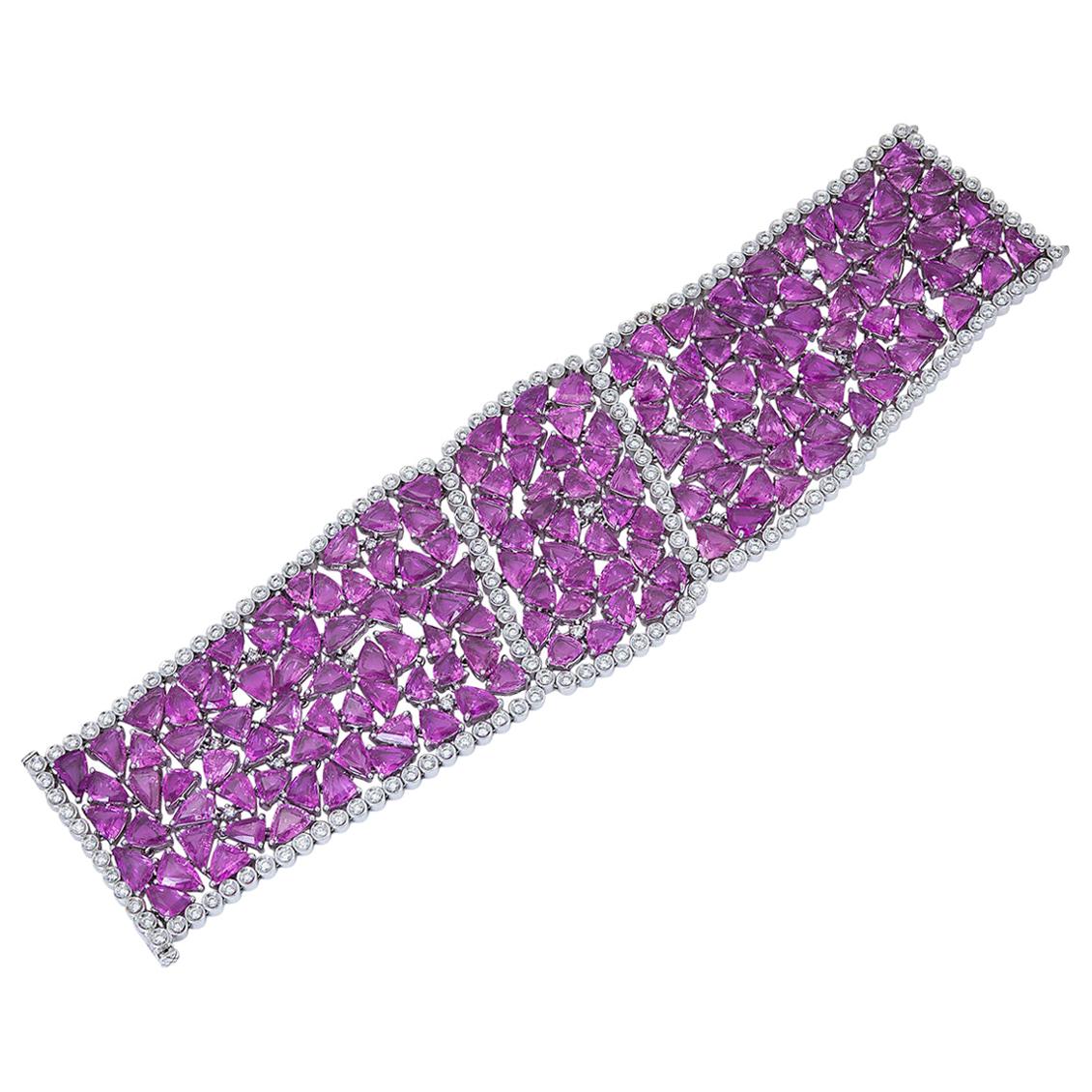 Open-Work Mixed Cut Pink Sapphire and Diamond Wide Bracelet For Sale