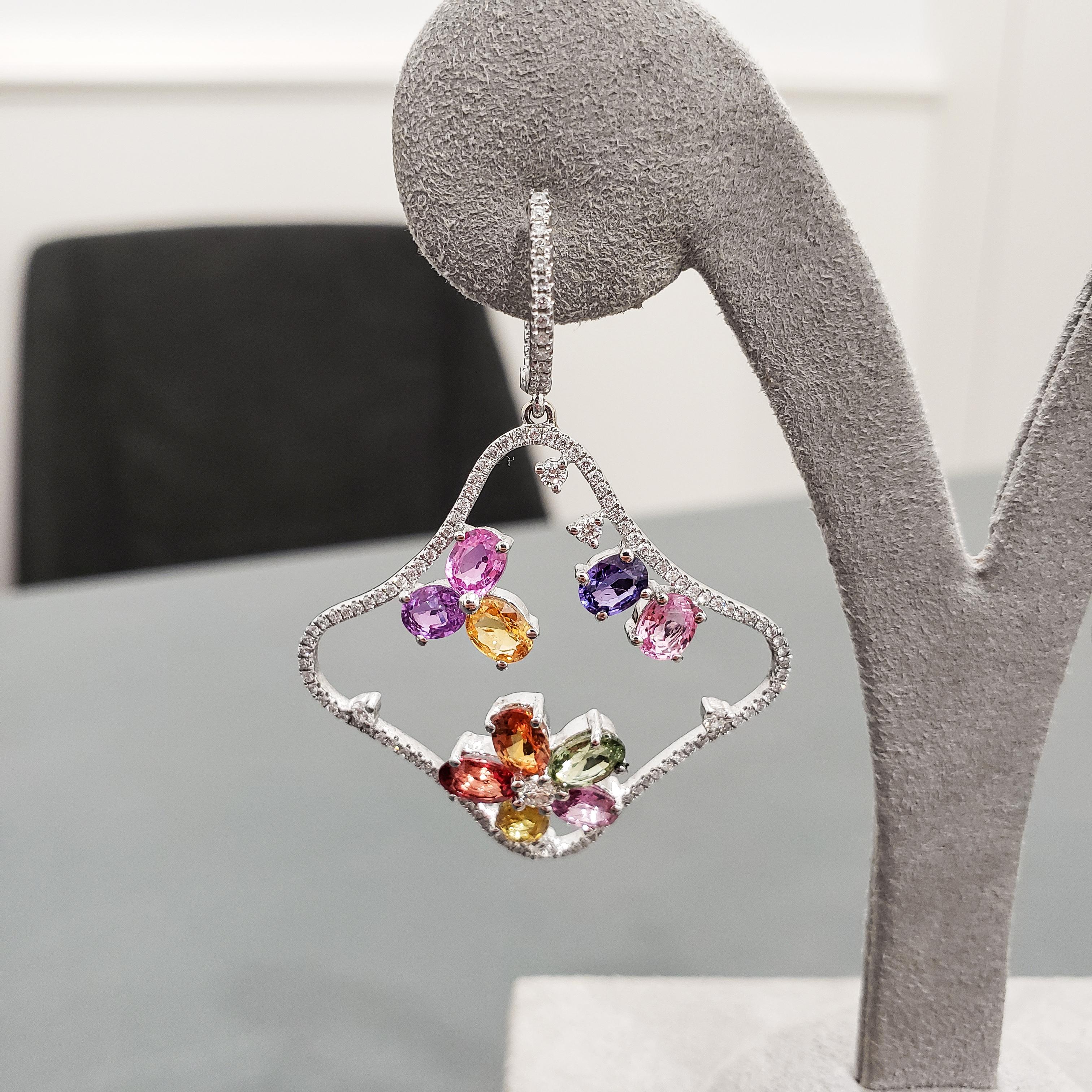 Roman Malakov 9.67 Carat Multi-Color Oval Sapphire & Diamond Dangle Earrings For Sale 2
