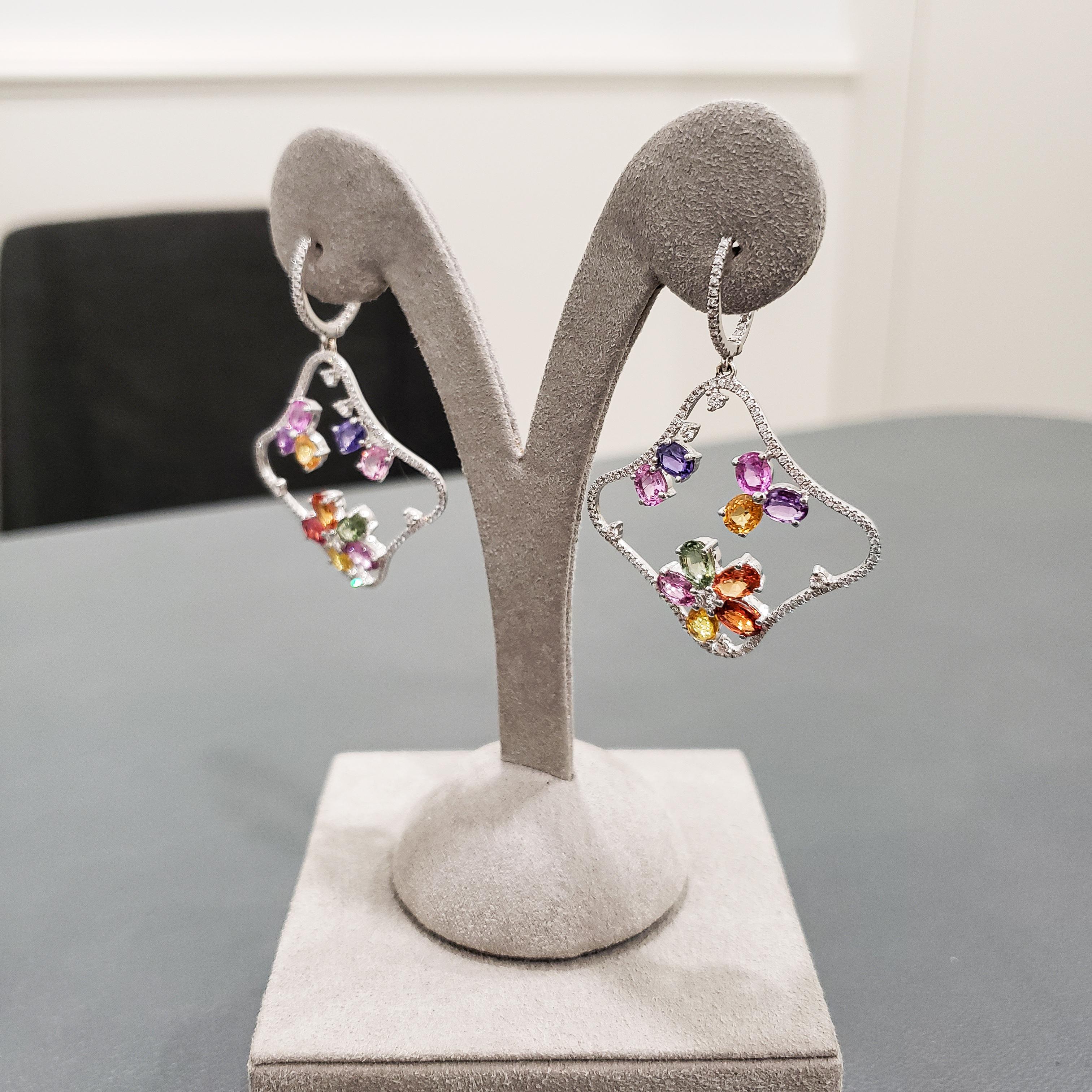 Roman Malakov 9.67 Carats Multi-Color Sapphires with Diamond Dangle Earrings For Sale 2
