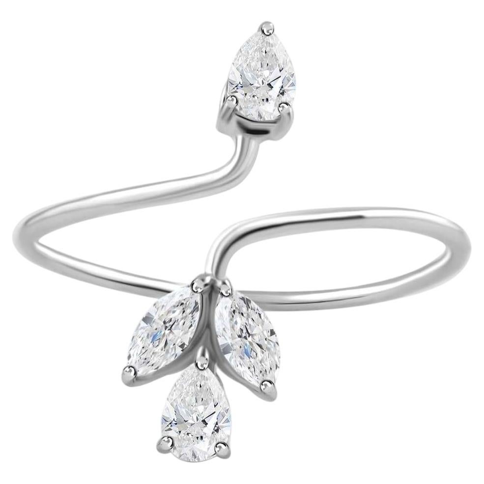 Open Wrap Pear Cut Natural Diamond Bypass Ring in 18K White Gold Fine Jewelry