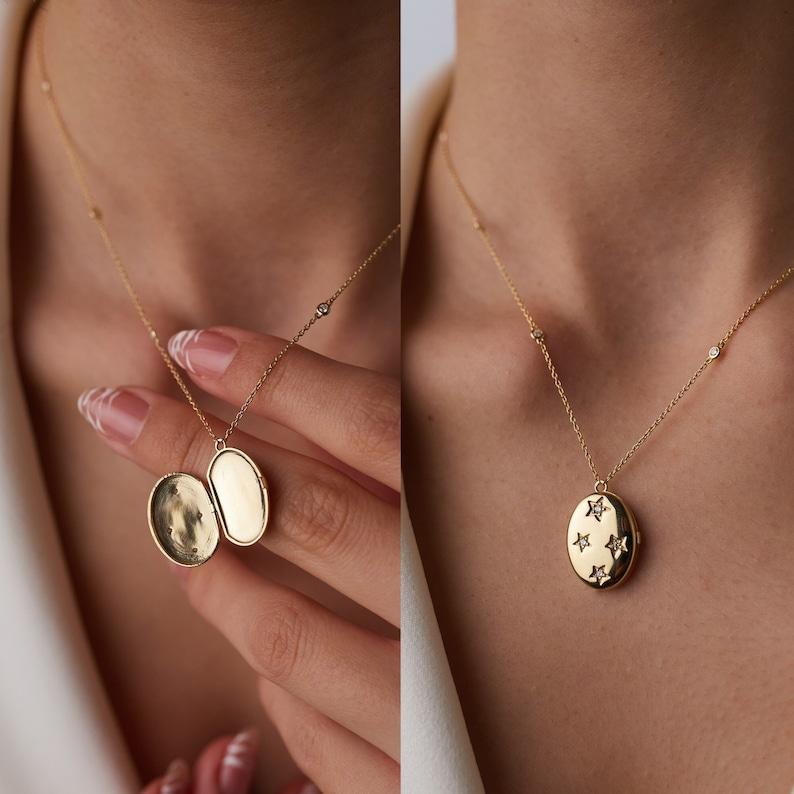 Collier médaillon ouvert pour anniversaire, en or massif 14 carats et diamants, cadeau unique Unisexe en vente