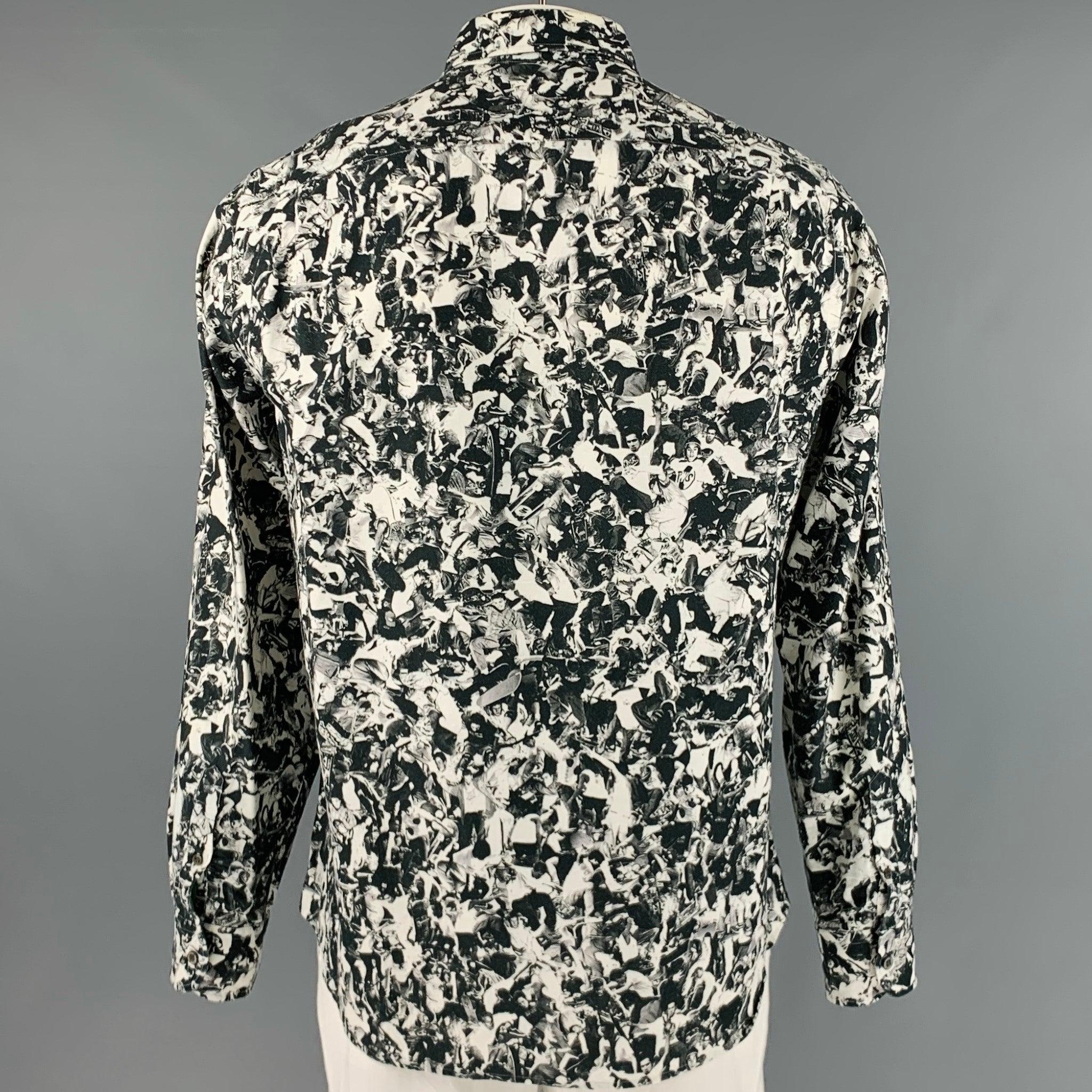 Men's OPENING CEREMONY Size XL Black White Print Cotton Button Down Long Sleeve Shirt For Sale