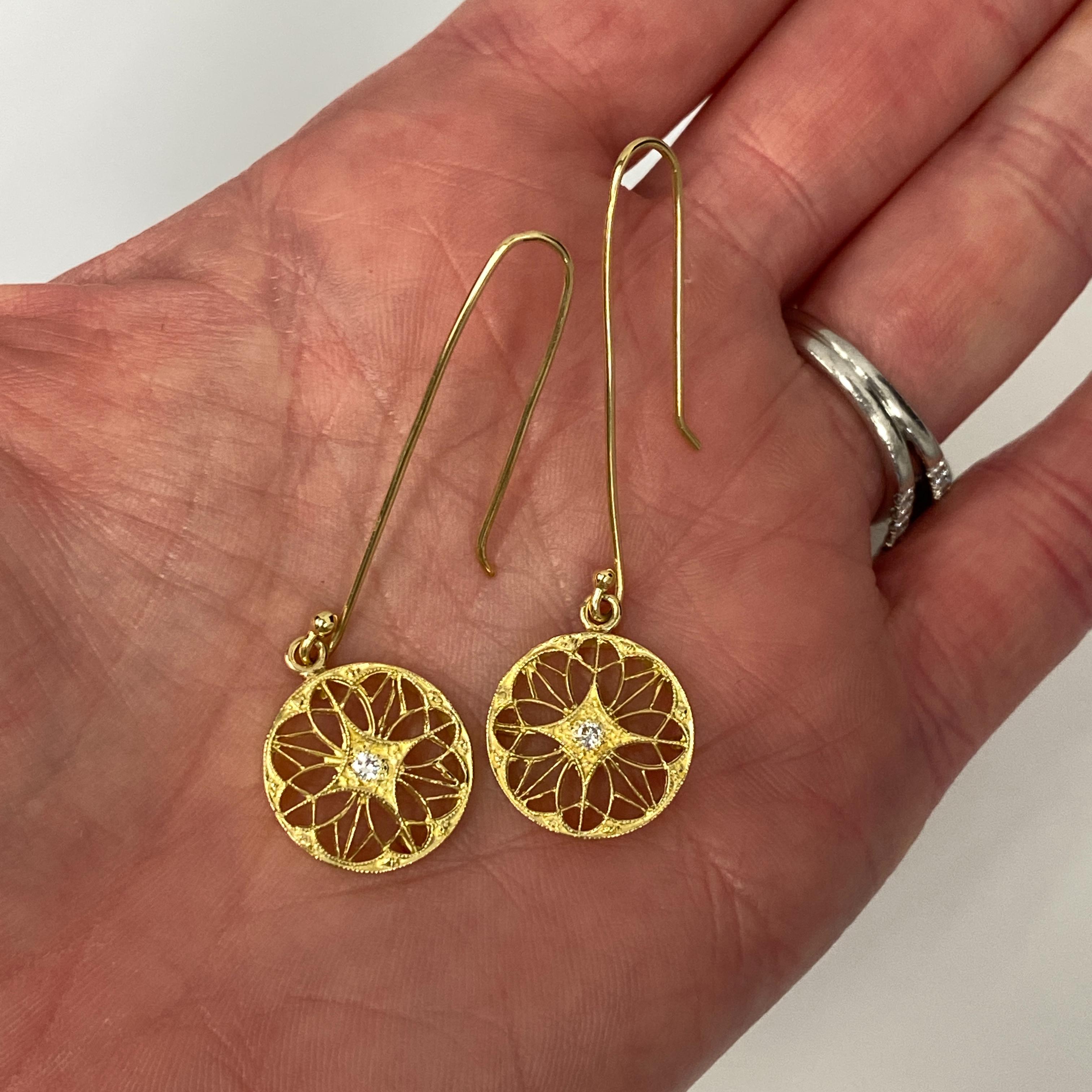 Openwork Disc Earrings on Long Wires w Diamond Accents in 18 Karat Yellow Gold For Sale 4