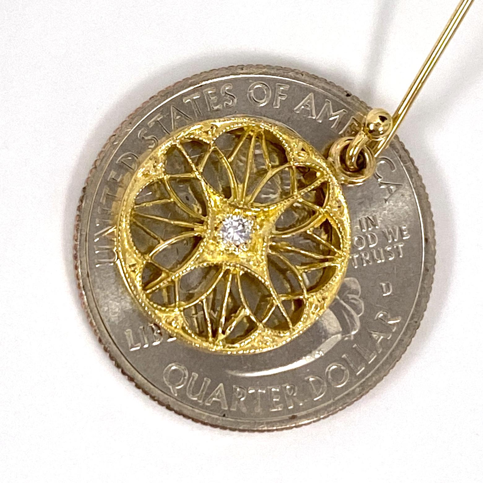Openwork Disc Earrings on Long Wires w Diamond Accents in 18 Karat Yellow Gold For Sale 5
