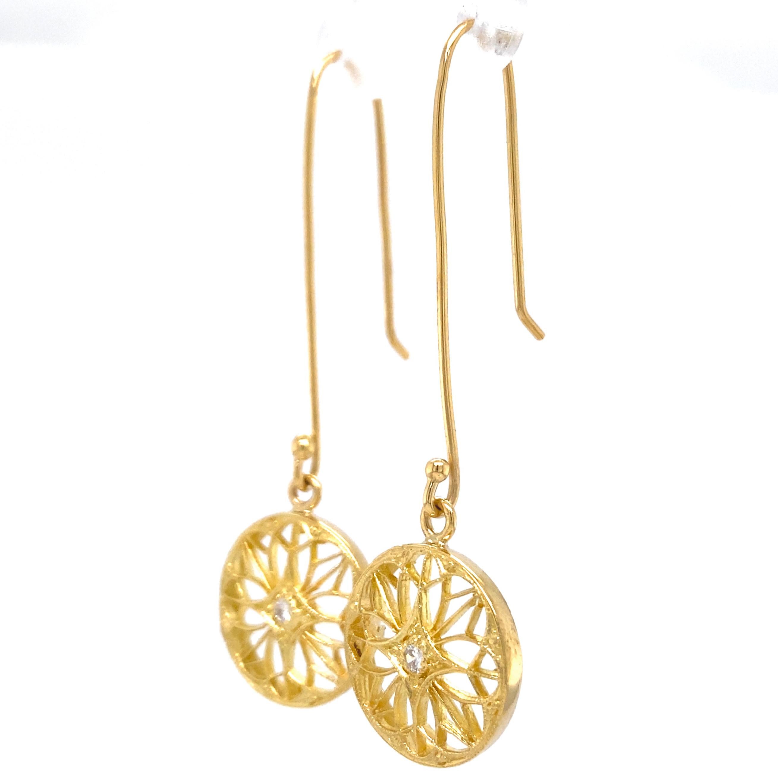 Contemporary Openwork Disc Earrings on Long Wires w Diamond Accents in 18 Karat Yellow Gold For Sale