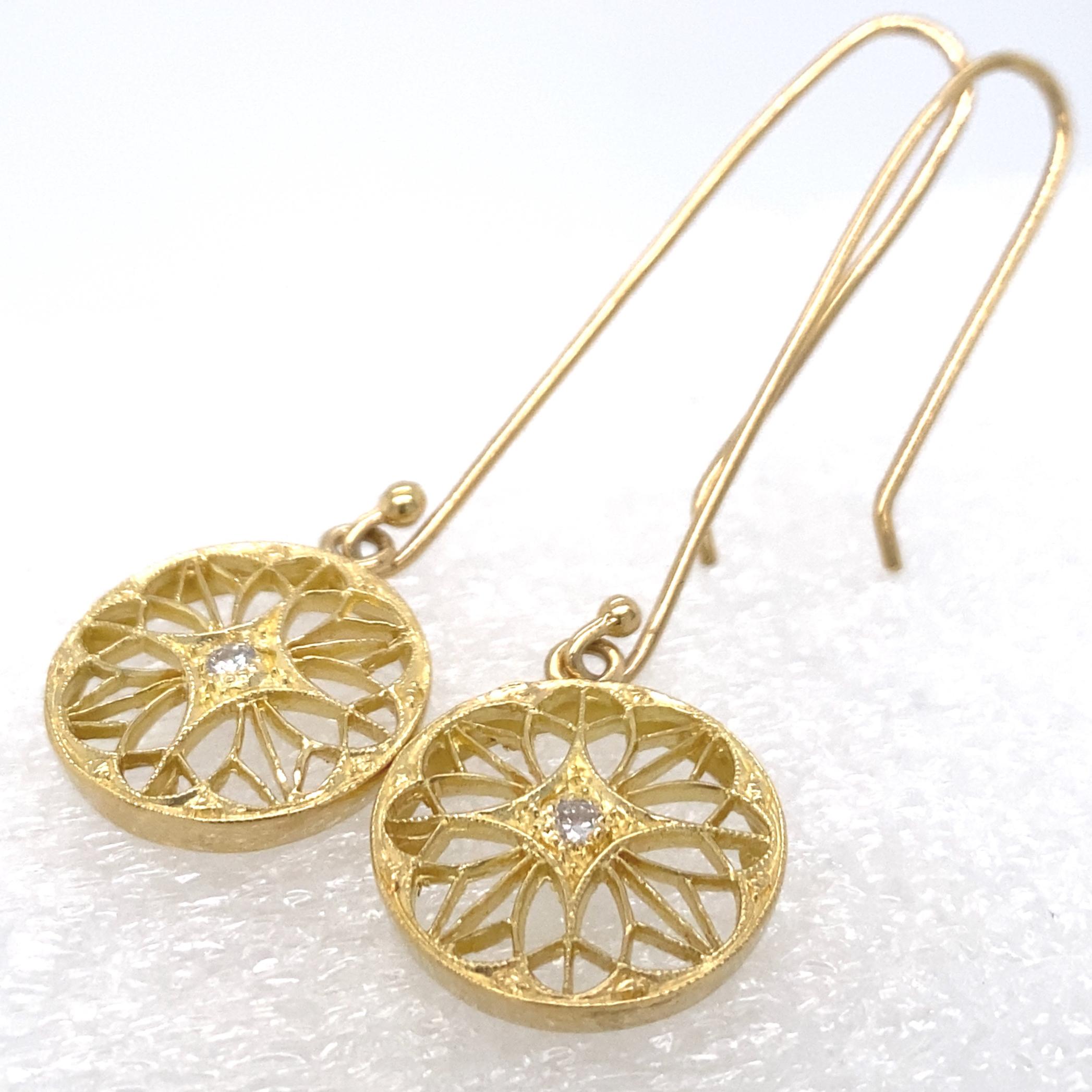 Brilliant Cut Openwork Disc Earrings on Long Wires w Diamond Accents in 18 Karat Yellow Gold For Sale