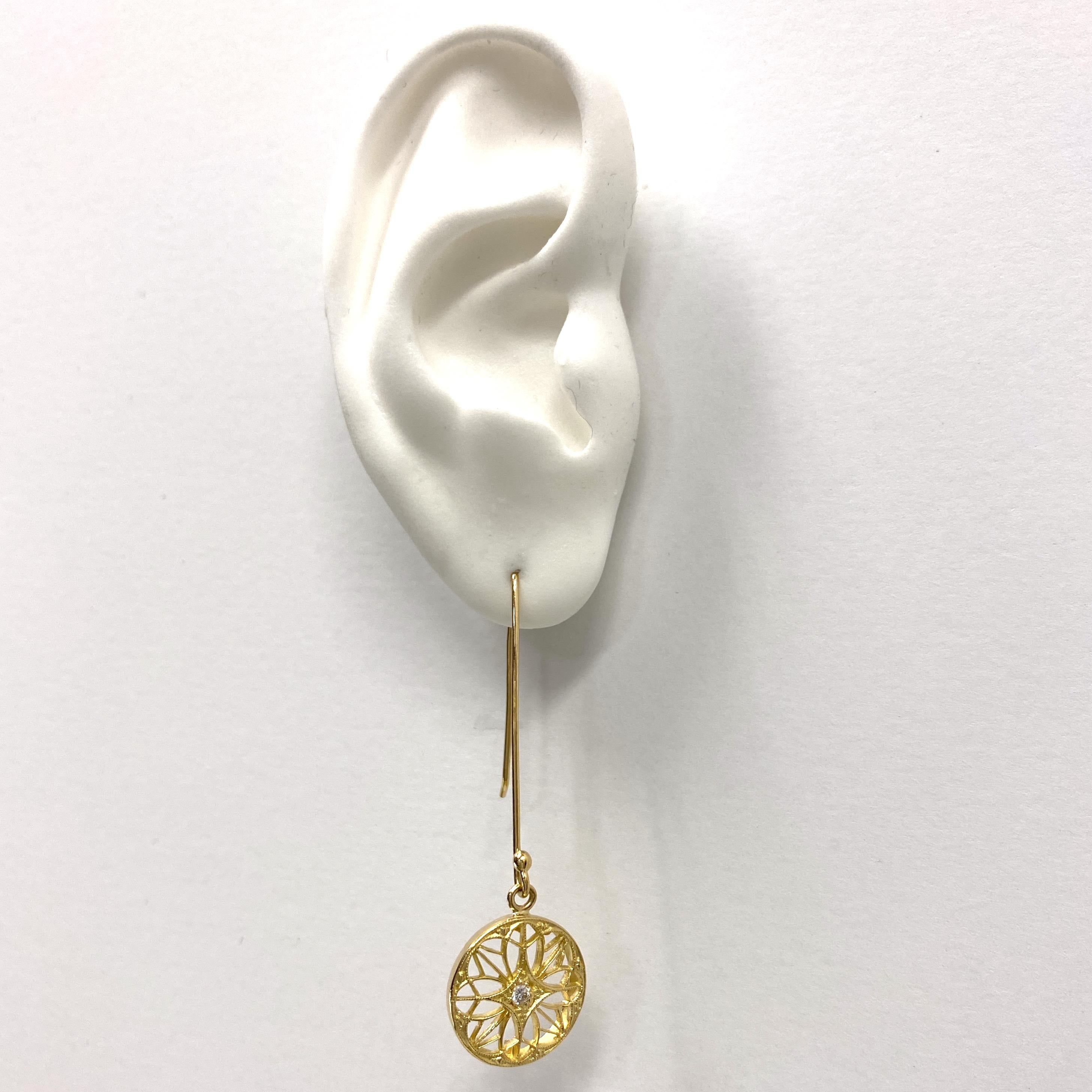 Women's Openwork Disc Earrings on Long Wires w Diamond Accents in 18 Karat Yellow Gold For Sale