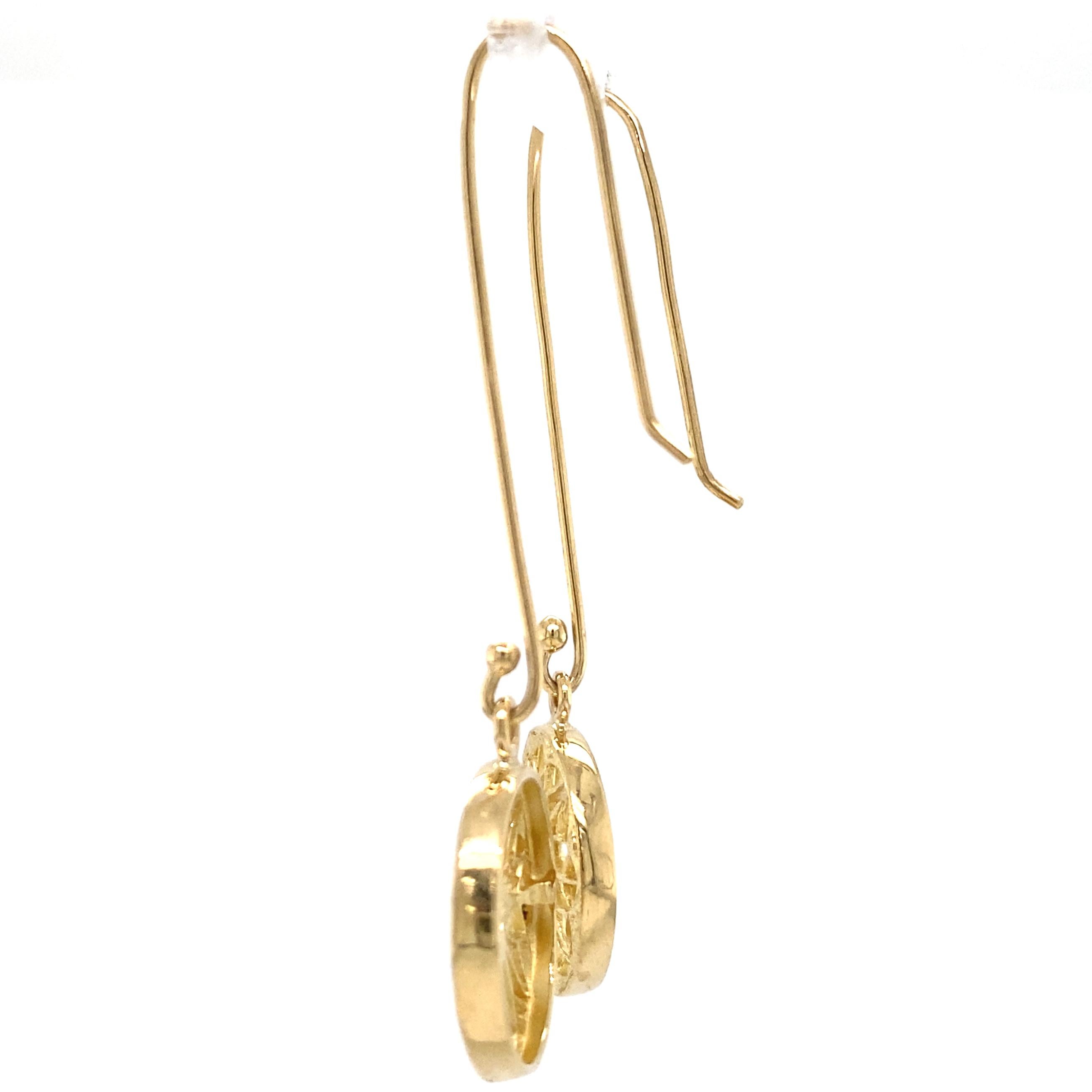 Openwork Disc Earrings on Long Wires w Diamond Accents in 18 Karat Yellow Gold For Sale 1