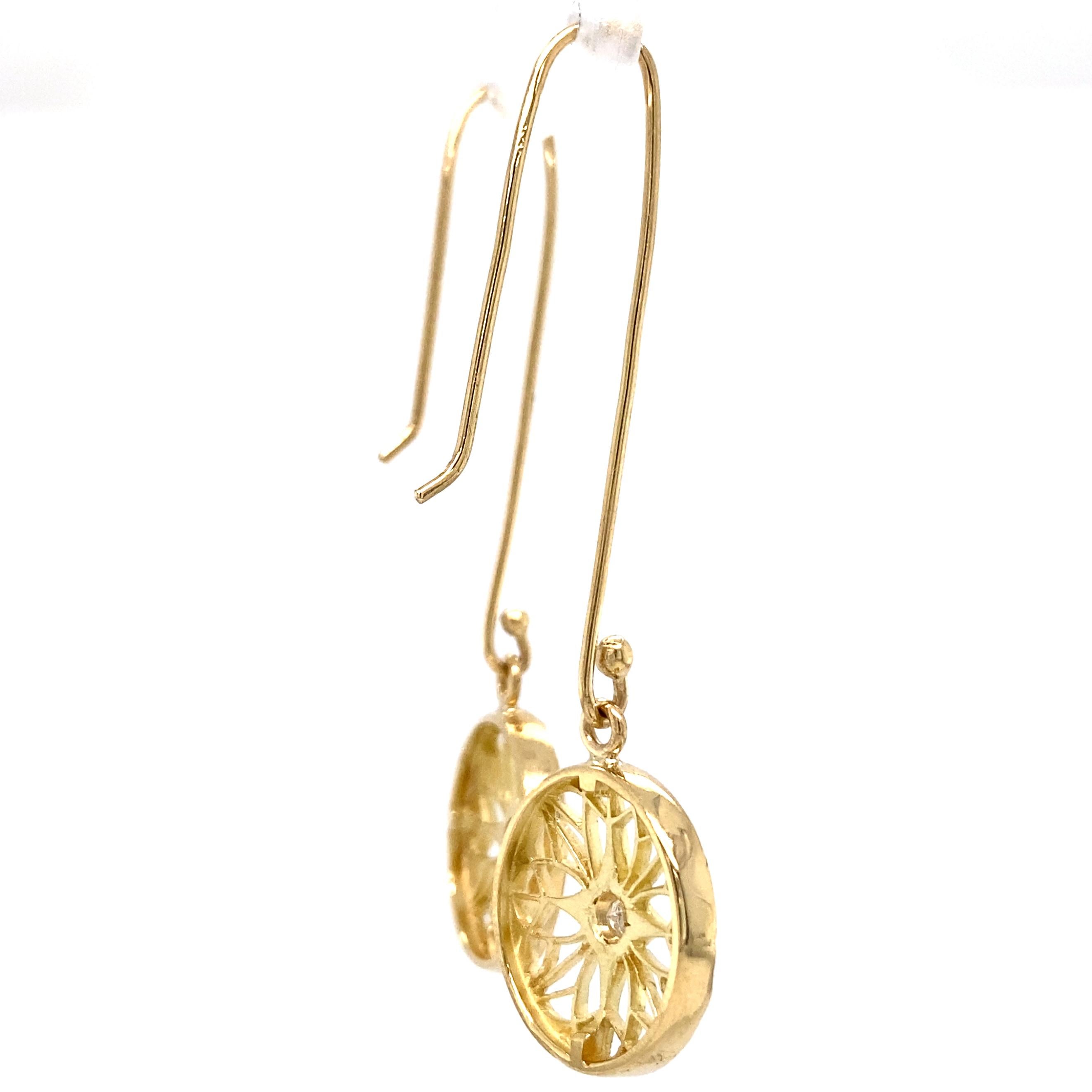 Openwork Disc Earrings on Long Wires w Diamond Accents in 18 Karat Yellow Gold For Sale 2
