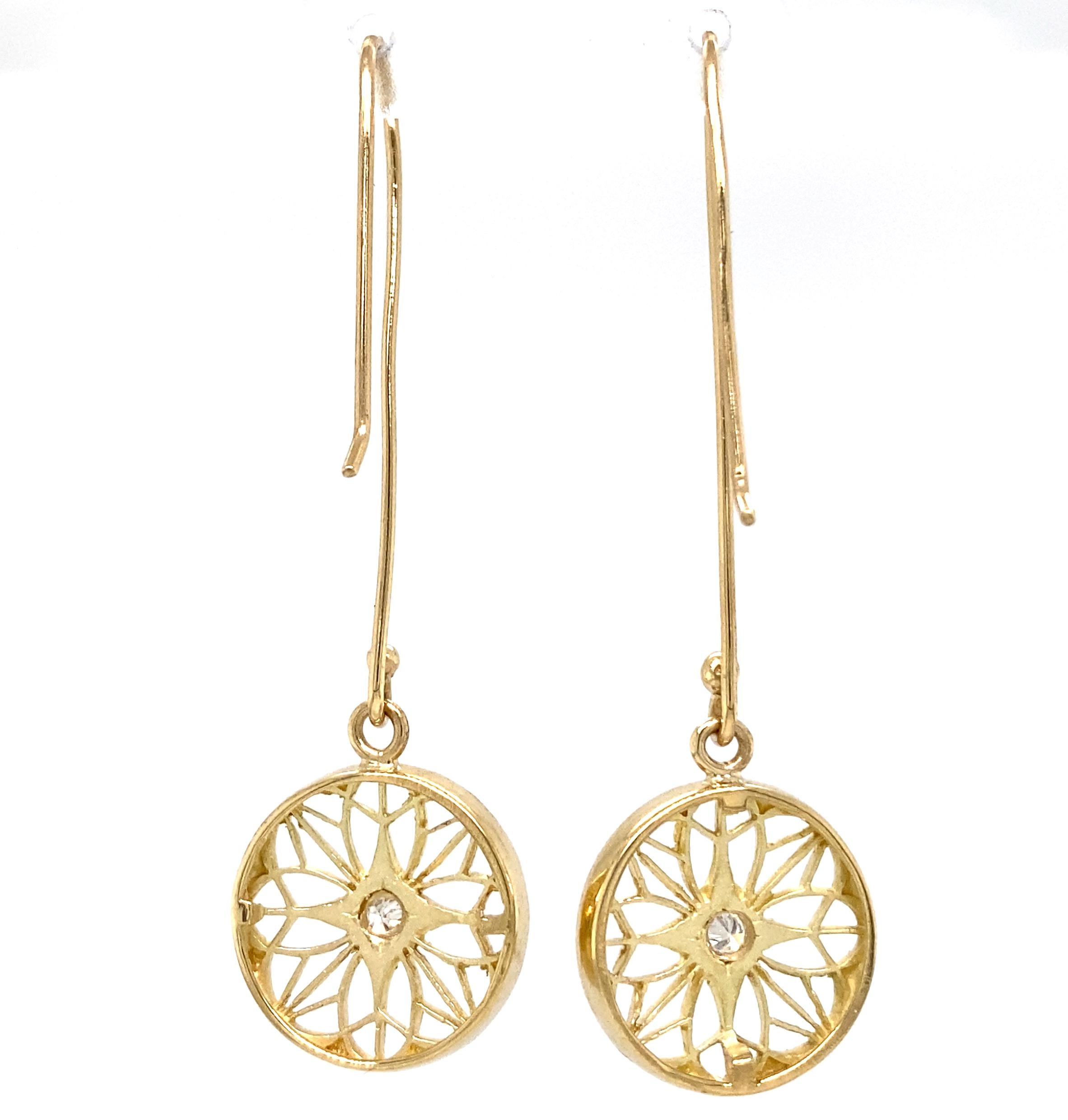 Openwork Disc Earrings on Long Wires w Diamond Accents in 18 Karat Yellow Gold For Sale 3