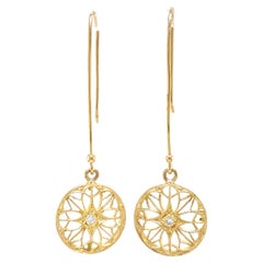 Openwork Disc Earrings on Long Wires w Diamond Accents in 18 Karat Yellow Gold