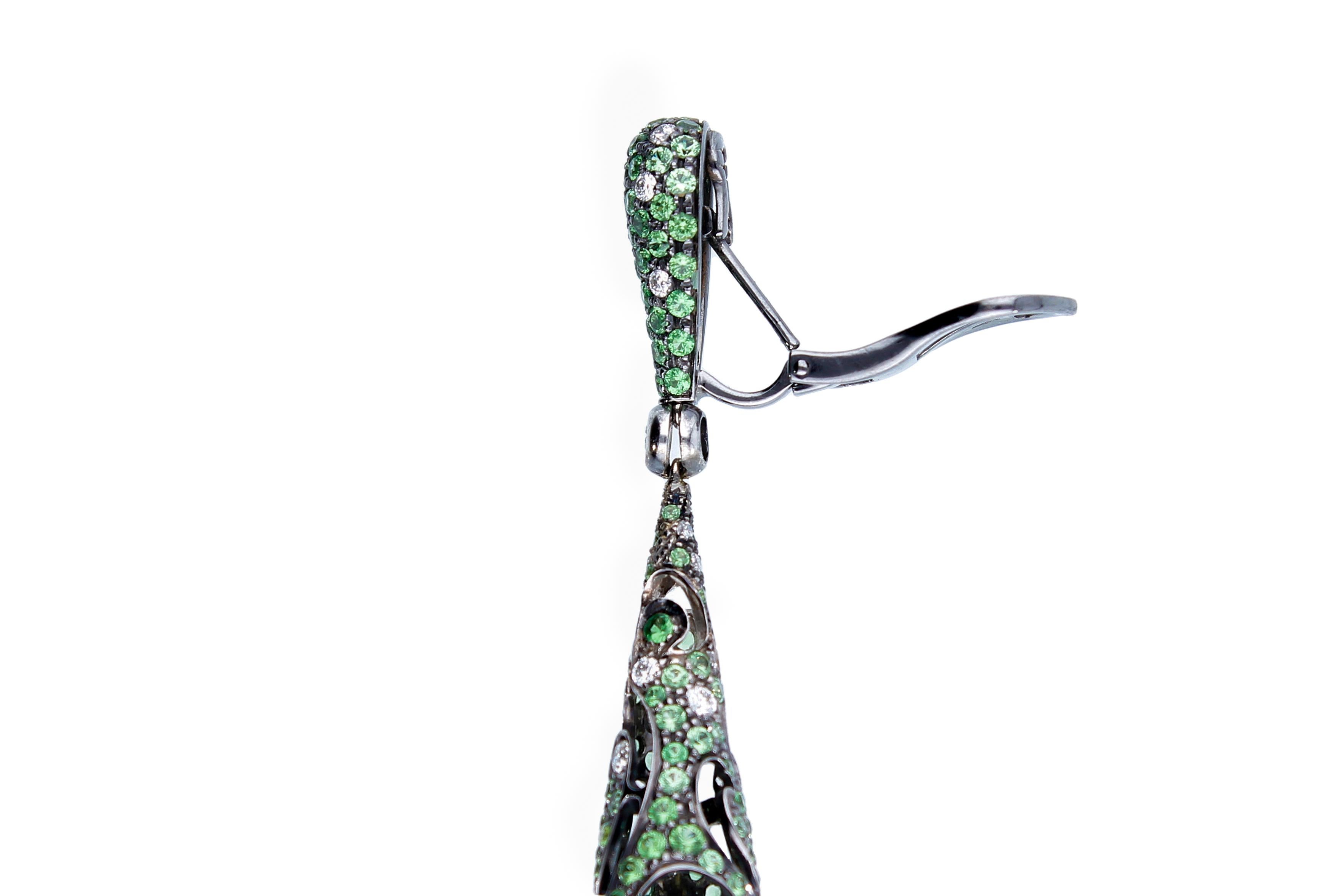 Openwork Drop Earrings with Diamonds and Emeralds 18 Kt Burnished White Gold For Sale 10
